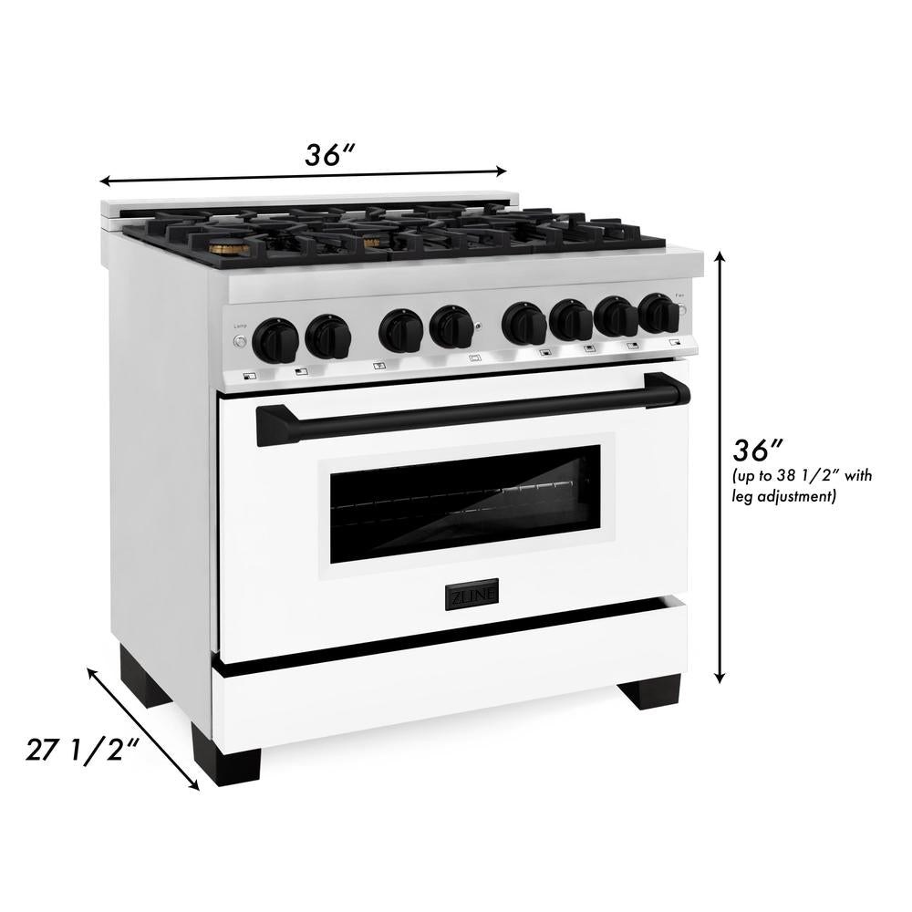 ZLINE Autograph Edition 36-inch Stainless Steel Dual Fuel Range with White Matte Door & Matte Black Range Hood - Professional Kitchen Package for Home Chefs | Perfect for Modern Kitchens & Gourmet Cooking