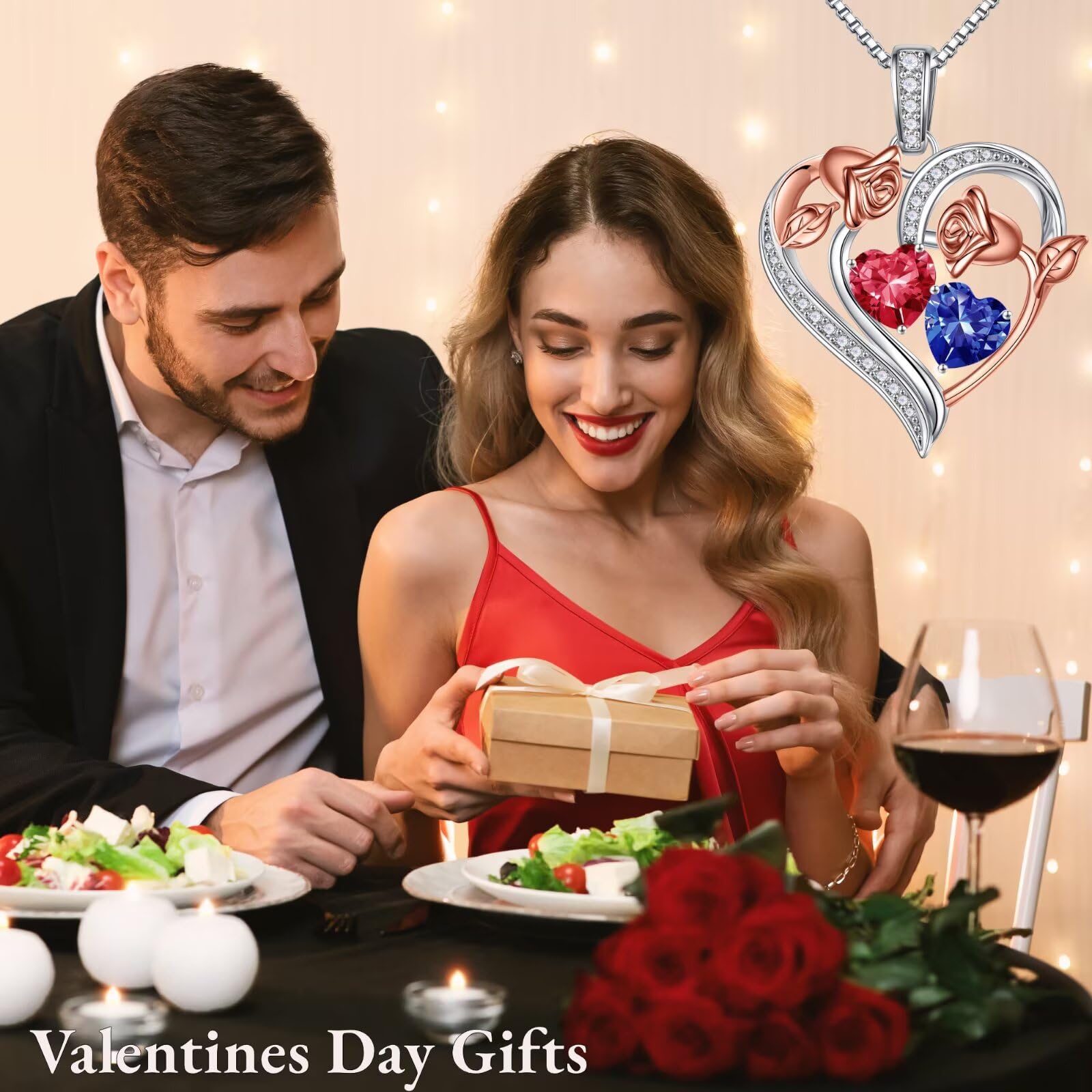 925 Sterling Silver Rose Heart Necklace with Birthstone - Romantic Valentines Day Gifts for Her, Anniversary & Birthday Jewelry for Women, Wife, Girlfriend - Perfect for Date Nights & Special Occasions