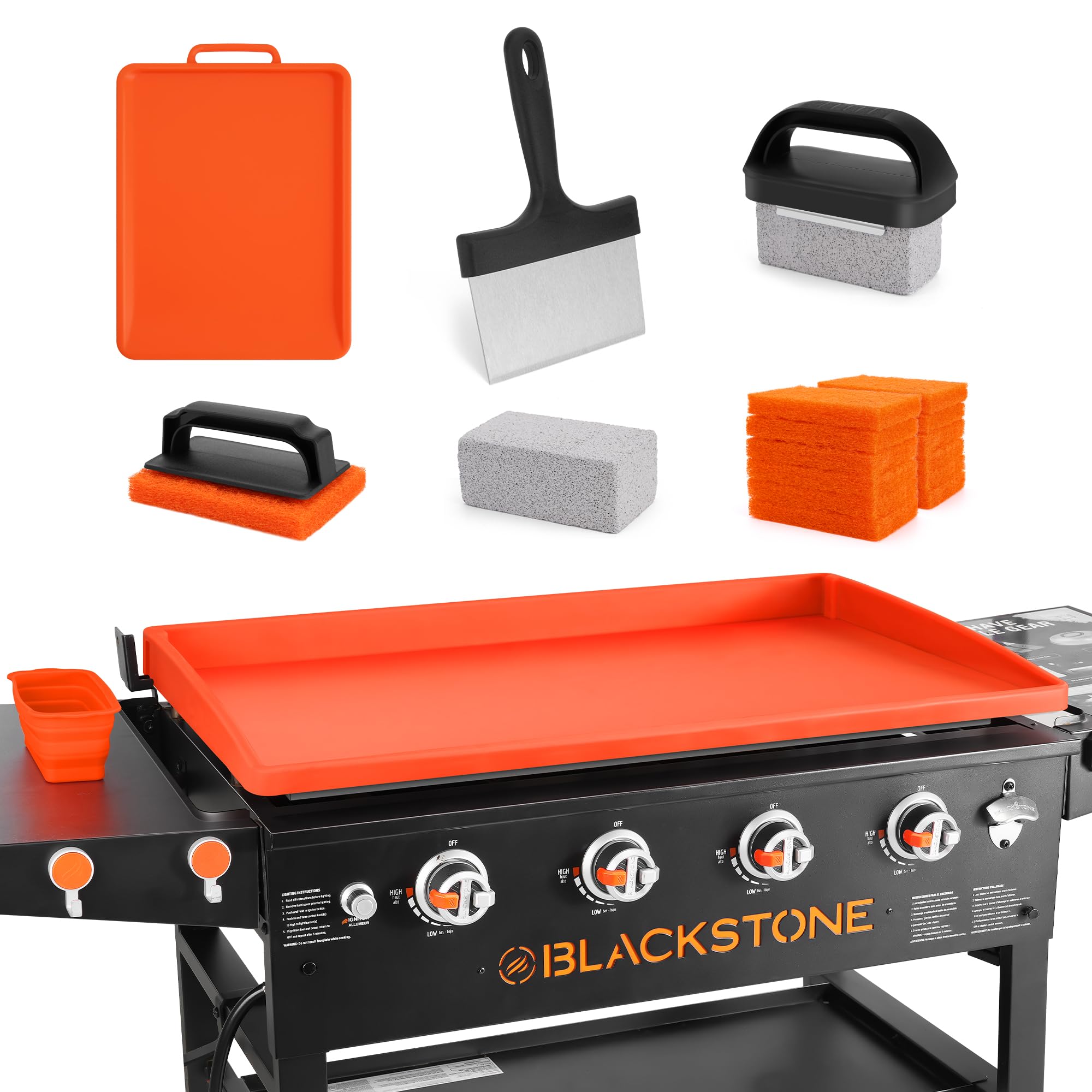 Upgraded Blackstone Griddle Cleaning Kit - 36 Inch Silicone Griddle Mat, Oil Cup Liner, Heat-Resistant Spatula Mat with Hanger, Scraper, Cleaning Brick & Scouring Pads - Perfect for Outdoor Cooking, Camping & Backyard BBQs