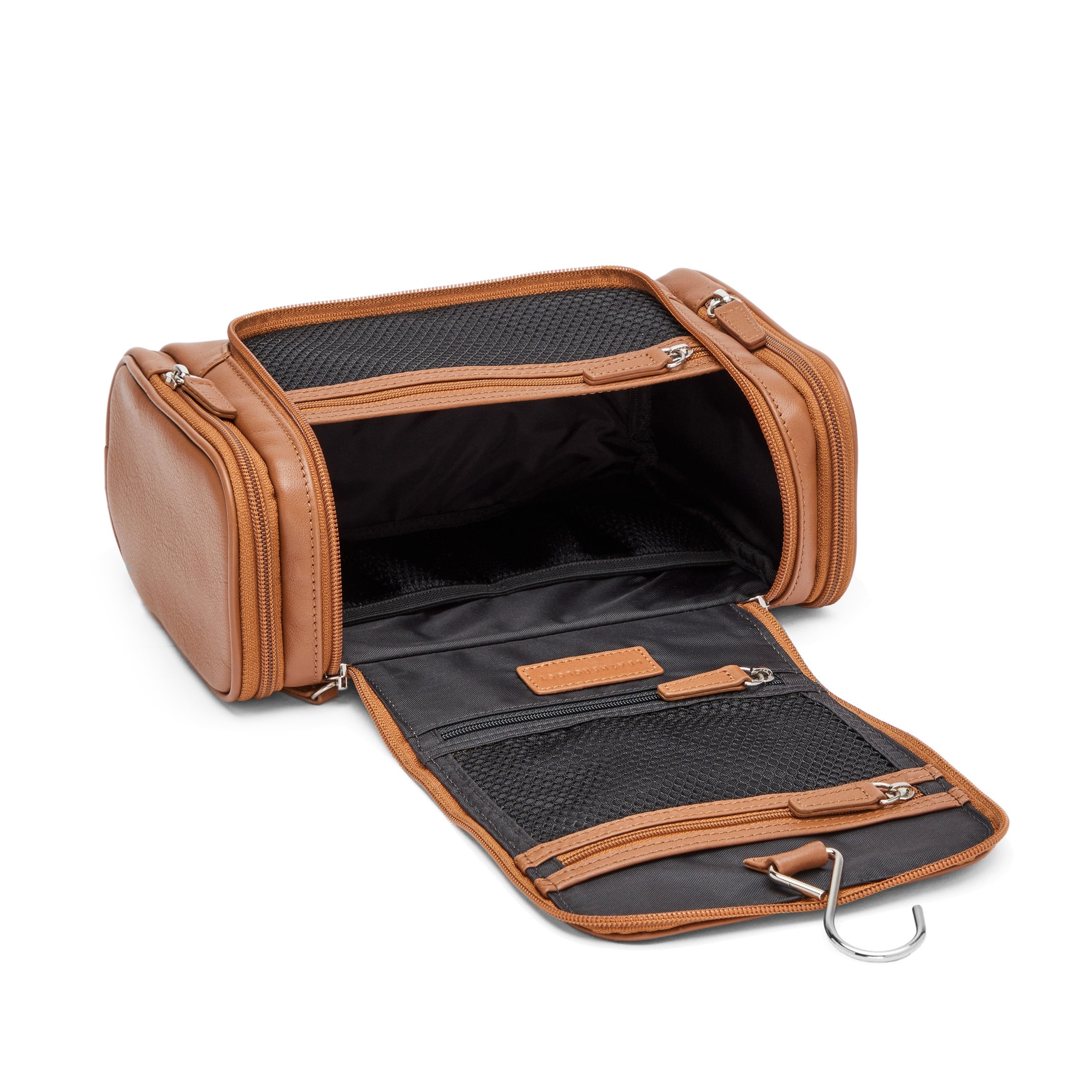 Premium Leather Hanging Toiletry Bag for Travel - Cognac Brown Organizer with Multiple Pockets | Perfect for Camping, Gym & Business Trips
