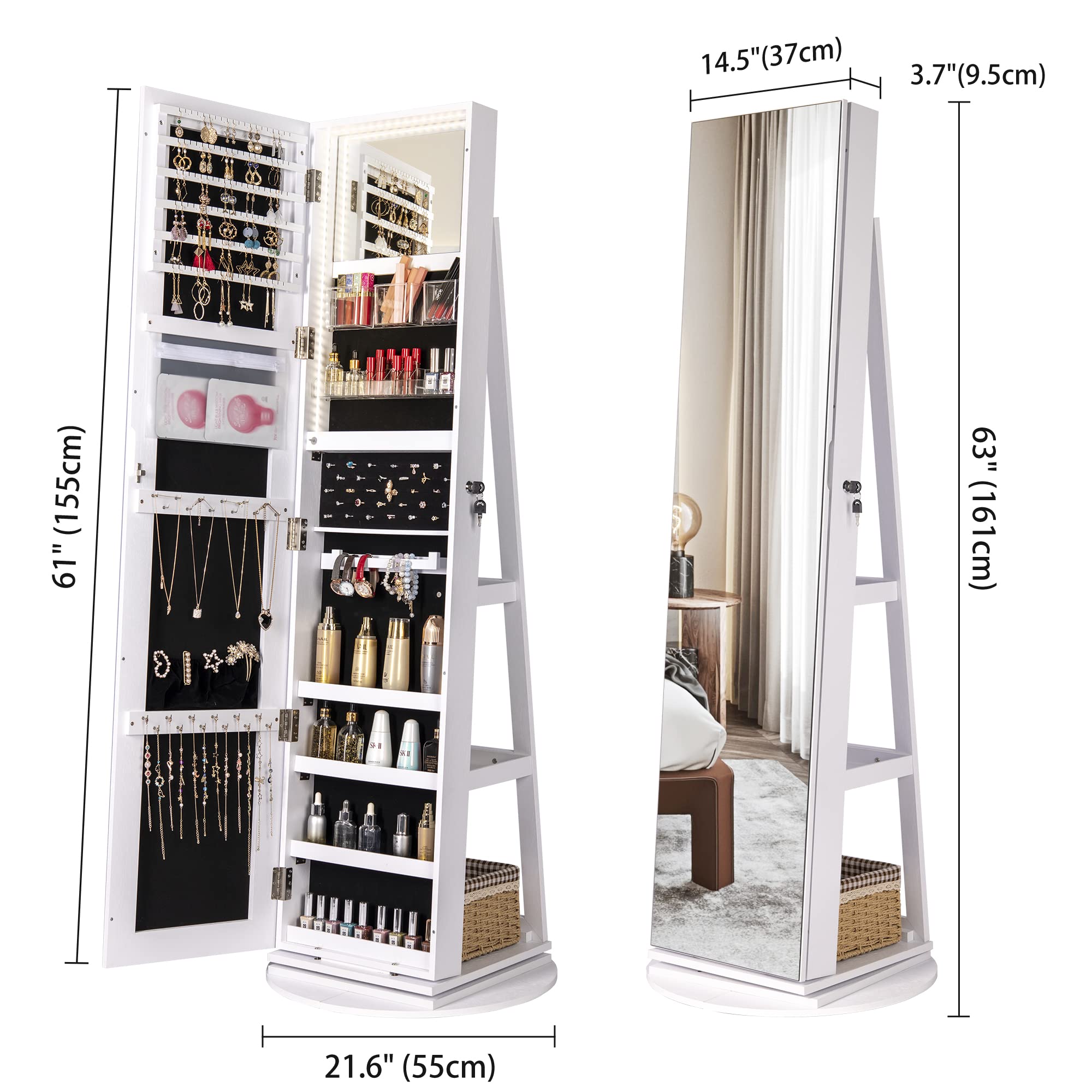 Full Length Mirror Jewelry Armoire with LED Lights - Lockable Standing Jewelry Cabinet with 360° Swivel Mirror, Jewelry Storage Organizer for Women & Girls (Perfect for Bedroom, Dressing Room & Gift Giving)