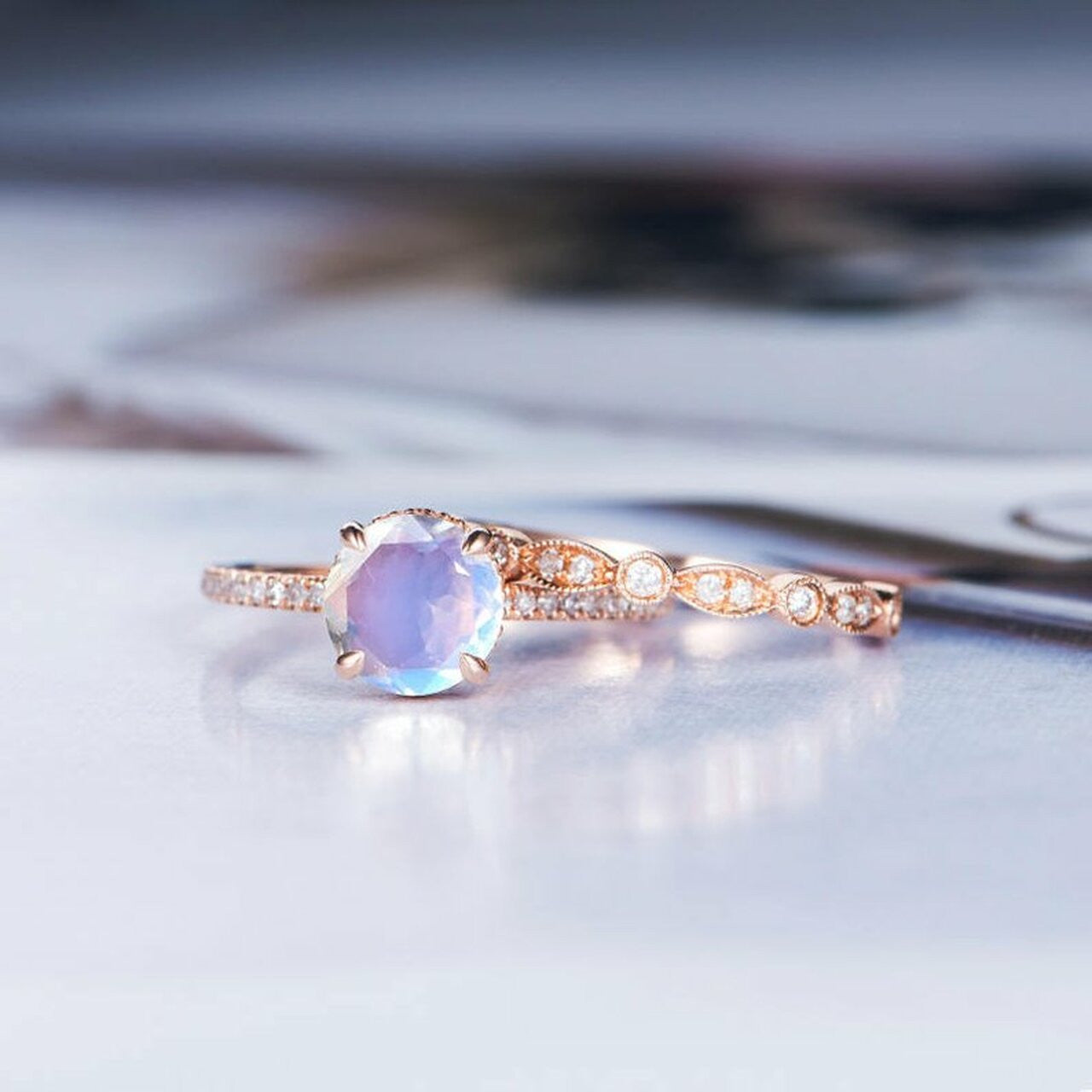 Vintage Rainbow Moonstone Diamond Rose Gold Engagement Ring Set - 2 Piece Bridal Jewelry for Wedding, Proposal & Anniversary Gifts