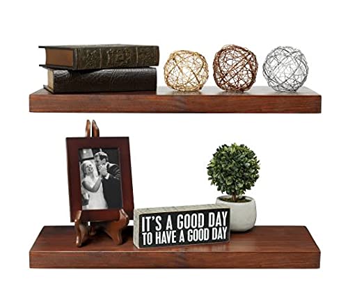Premium Floating Wood Shelf Set - 2-Tier Walnut Wall Shelves with Hardware Included | Modern Home Decor for Living Room, Bedroom & Office Organization
