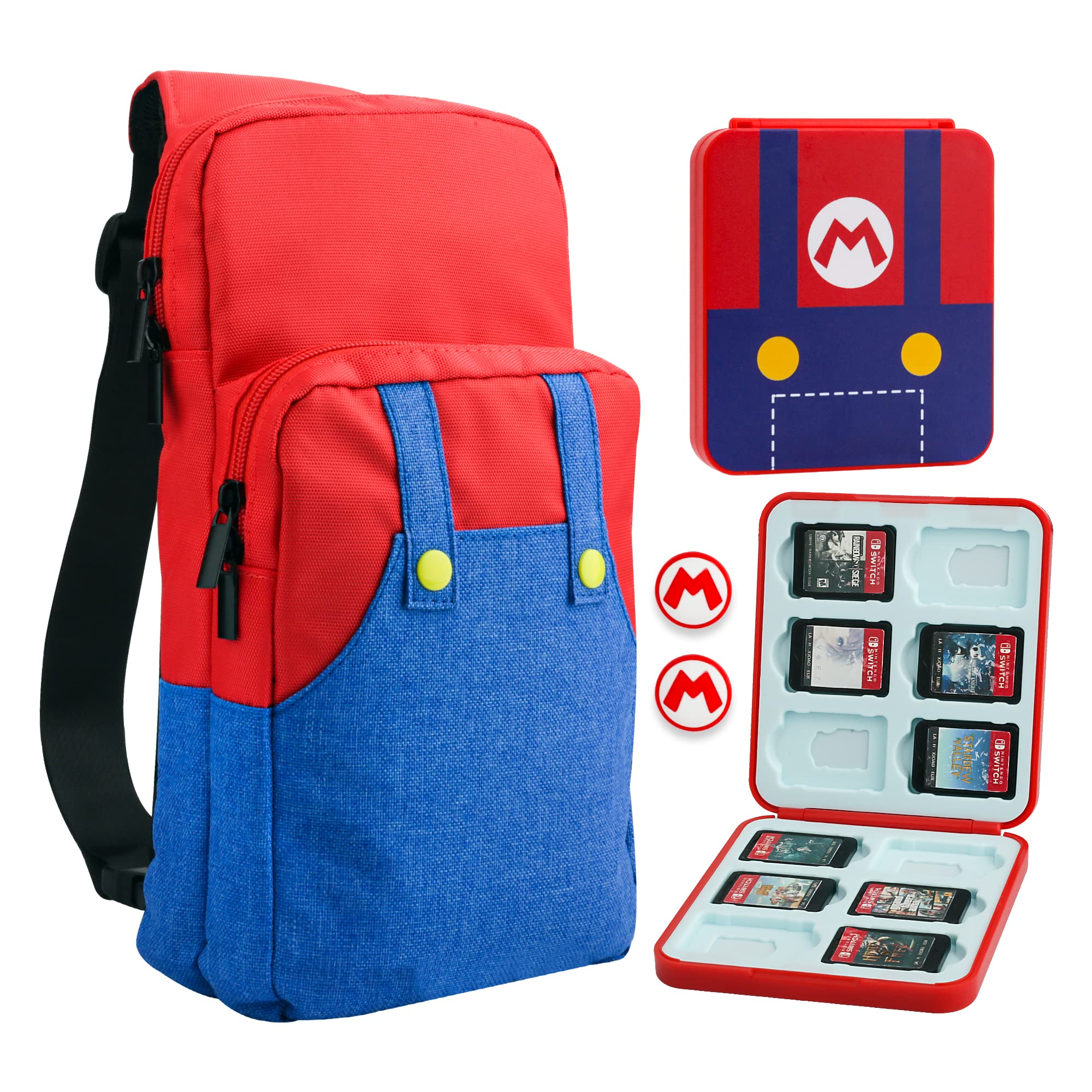 Super Mario Switch Travel Bag - Red & Blue Crossbody Backpack with Game Case for Nintendo Switch/OLED/Lite | Portable Gaming Accessories for Travel & Commute