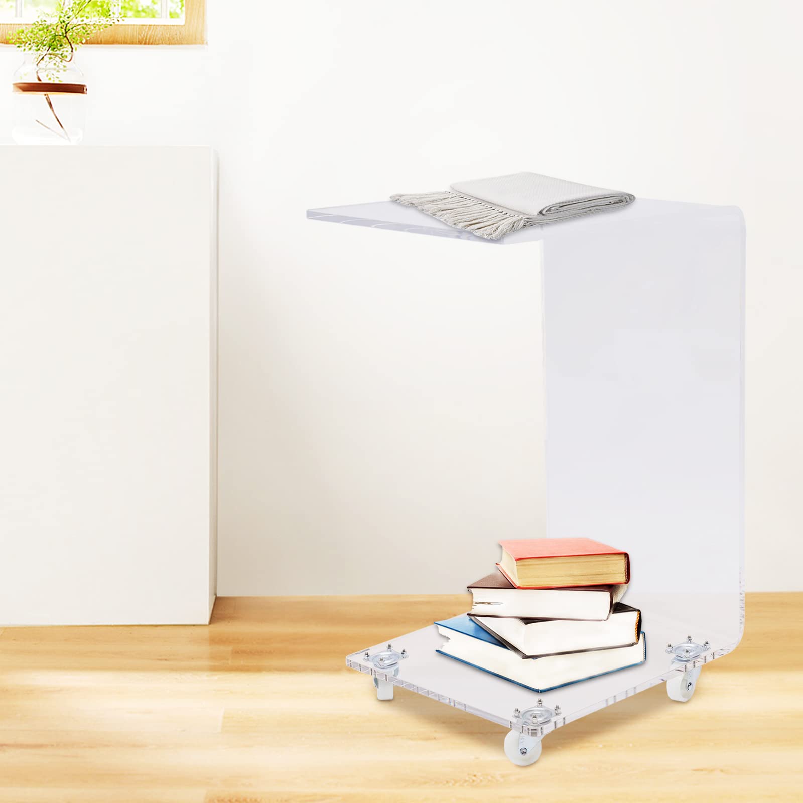 Acrylic C-Shaped End Table with Wheels - Modern Side Table for Sofa, Bed, or Office - Portable Snack Table, Coffee Tray Desk & Laptop Holder - Perfect for Living Room, Bedroom, or Small Space Workstation