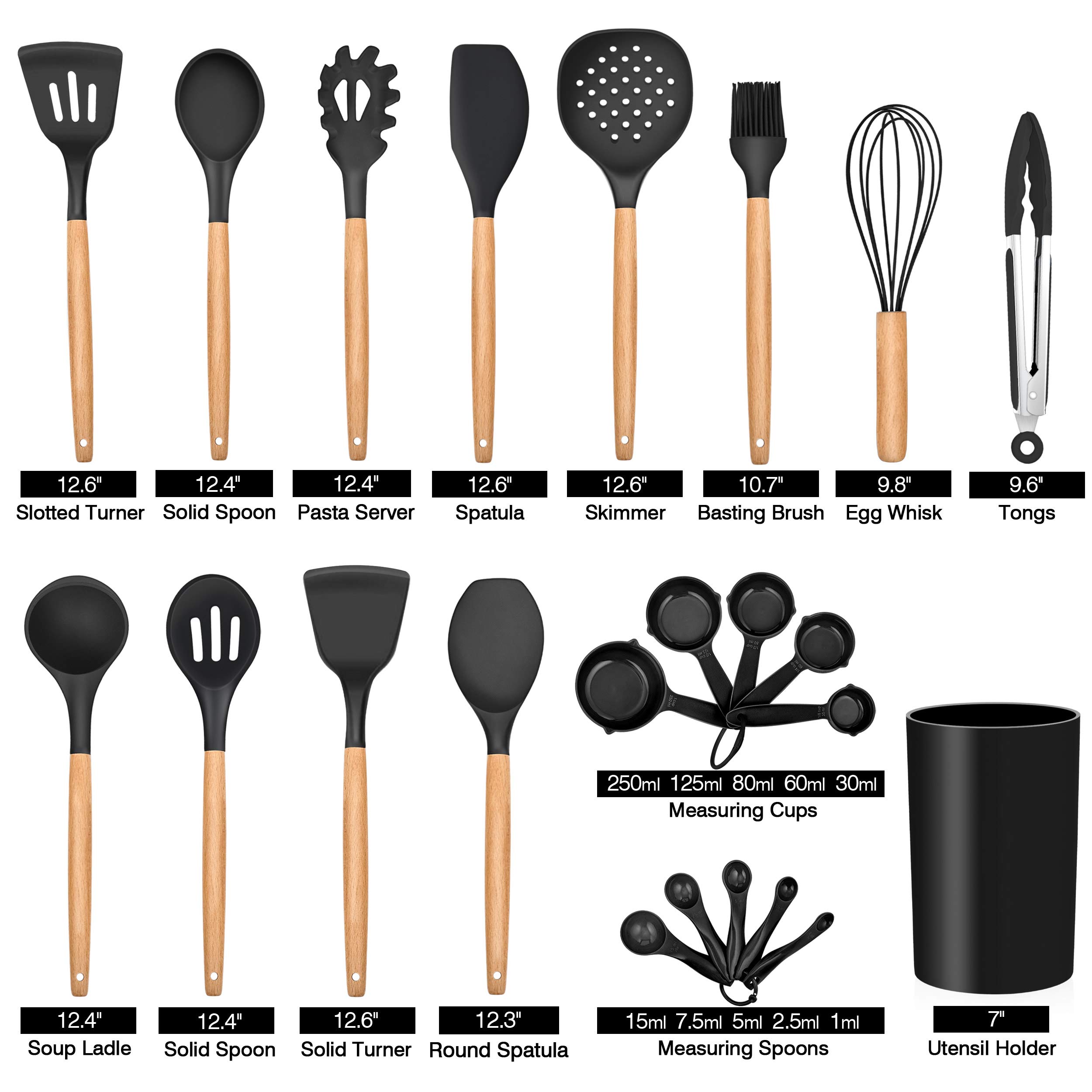 LIANYU 38-Piece Premium Kitchen Utensil Set with Holder - Heat Resistant Silicone Spatulas, Wooden Handle Cooking Tools for Nonstick Cookware - Perfect for Baking, Frying & Everyday Cooking (Black)