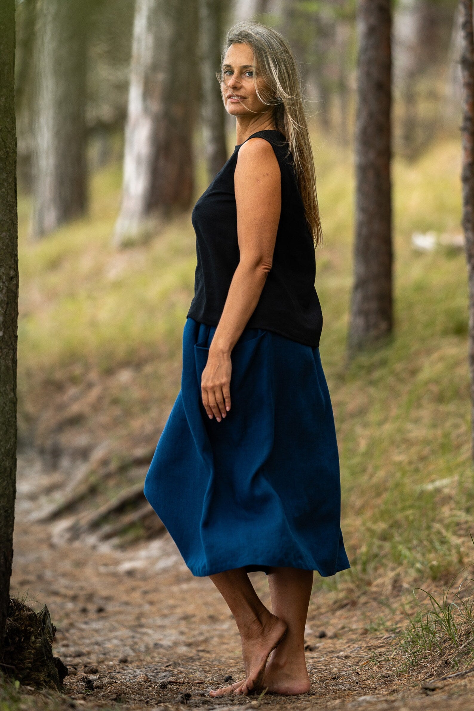 High Waist Deep Pockets MIDI Linen Skirt in Midnight Blue - Women's Summer Casual Skirt for Beach, Office & Date Night