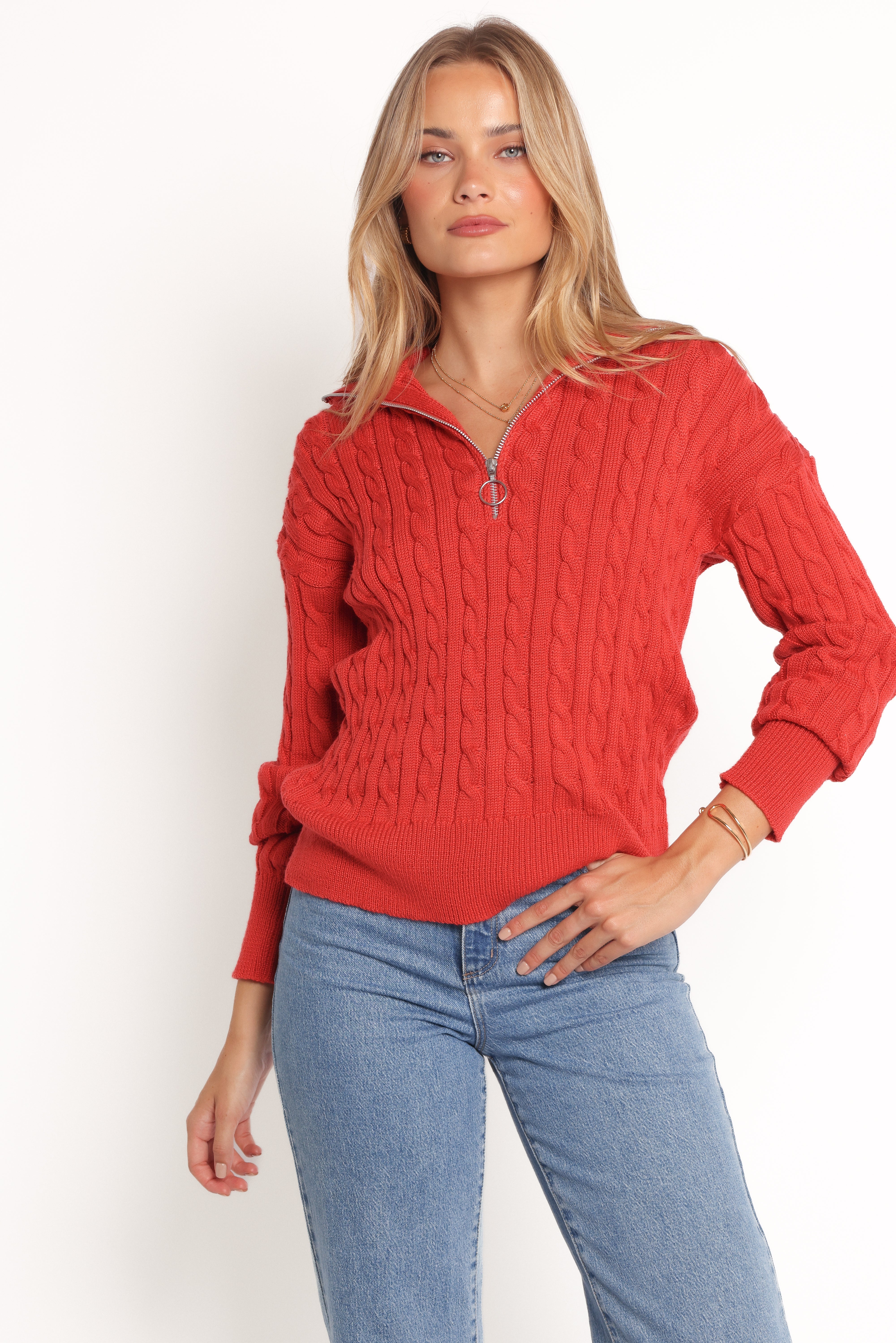 Frida Quarter Zip Knit Sweater for Women - Soft Red Pullover with Half-Zip Collar - Cozy Winter Layering & Casual Outfit Essential