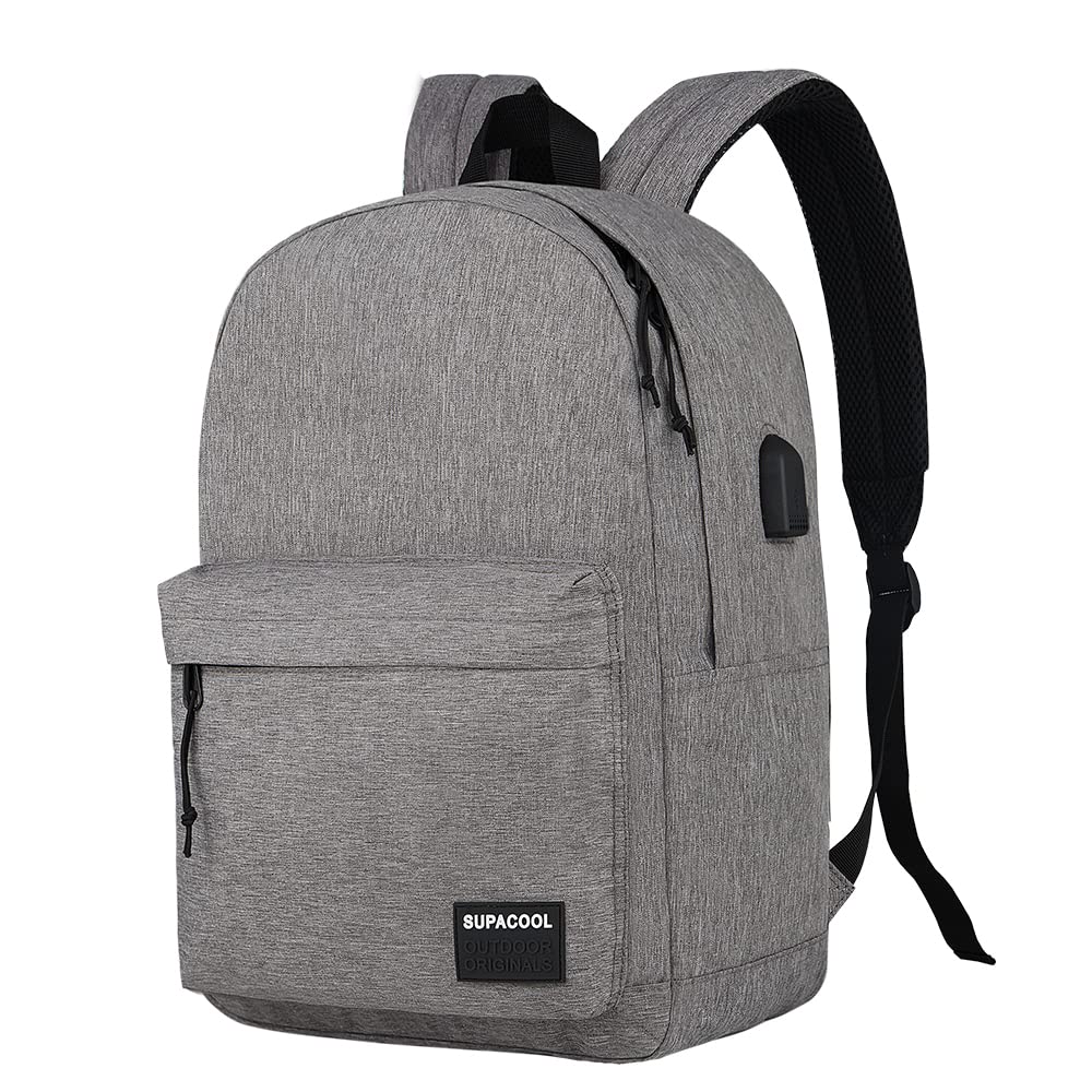 SUPACOOL Lightweight Laptop Backpack with USB Charging Port - Water-Resistant College Backpack for Men & Women (Light Grey) - Perfect for Work, School & Travel