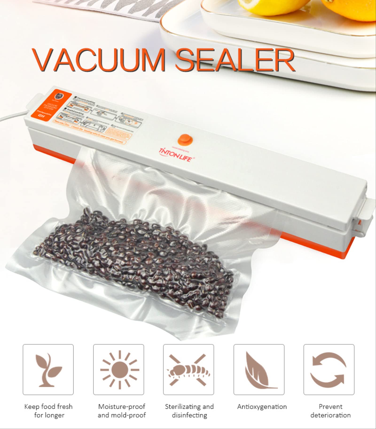 Automatic Vacuum Food Sealer Machine for Home Kitchen - Compact & Portable, Works with Dry, Wet & Oily Foods - Includes 15 Reusable Food Storage Bags (37.5x9.5x5.5cm) - Perfect for Meal Prep, Sous Vide & Food Preservation