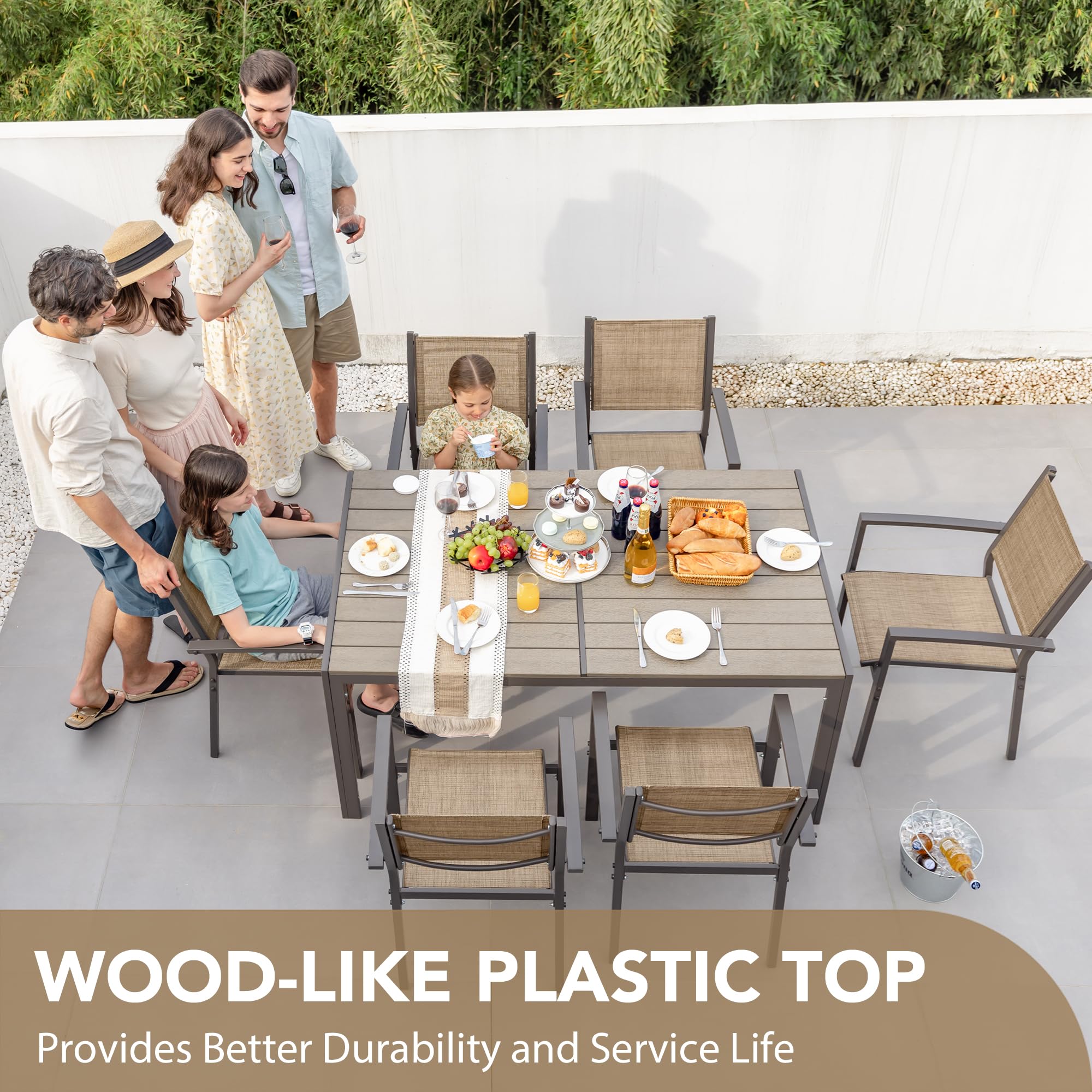 Devoko 7-Piece Patio Dining Set - Outdoor Furniture with Rectangular Table & 6 Stackable Chairs, Brown - Perfect for Garden, Backyard, Deck, and Poolside Gatherings