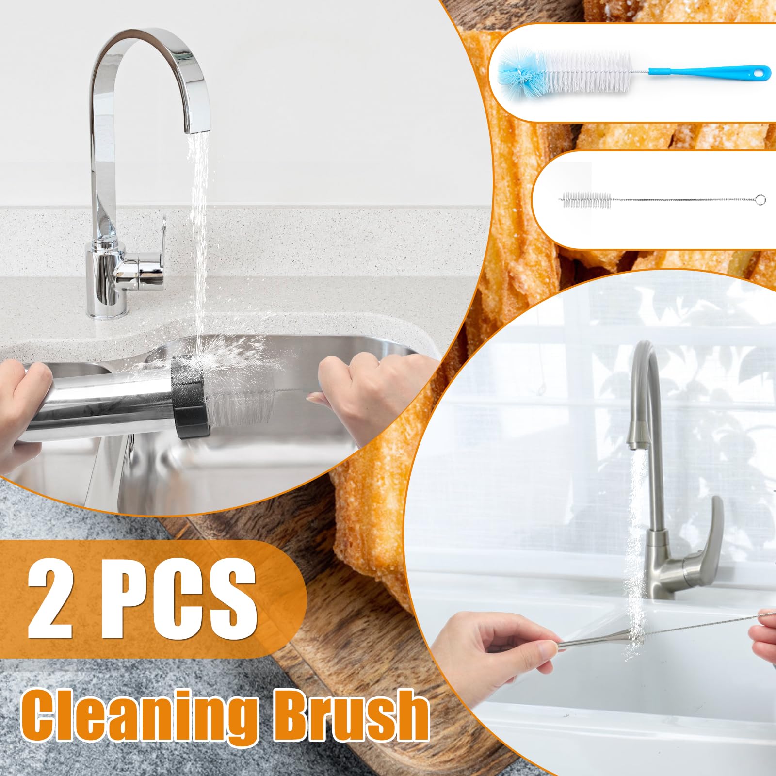 1+8PCS Stainless Steel Churro Maker Kit with 3 Flower Molds, 2 Cleaning Brushes, Piping Bag & Nozzles - Perfect for Home Baking, Party Snacks and Spanish Dessert Making