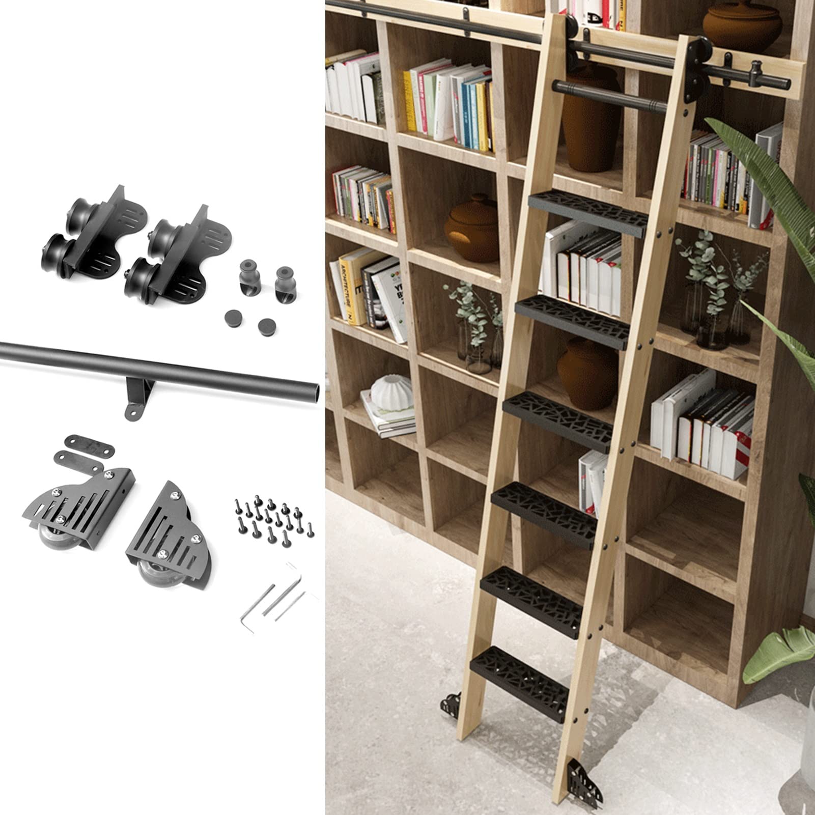 Retractable Rolling Ladder Hardware Kit (No Ladder Included) - 3.3ft to 20ft Adjustable Sliding Library Ladder with Round Track & Roller Wheels - Perfect for Home Libraries, Loft Spaces, and Warehouse Storage Access
