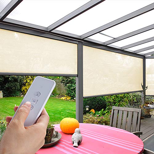 TIPIACE Motorized Roller Shades - Outdoor Wind-Resistant Hardwired Window Blinds with Sunshade Fabric for Patio, Balcony & Garden (Beige Yellow) | UV Protection & Weatherproof Design for Outdoor Living Spaces
