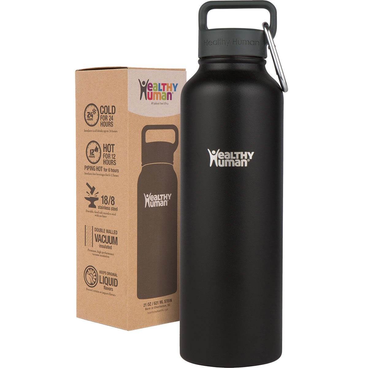 Premium Stainless Steel Water Bottle 40oz - Double Wall Vacuum Insulated Thermos for Hot & Cold Drinks | Eco-Friendly Leakproof Travel Bottle for Gym, Hiking, Office | BPA-Free (Pure Black, 1183ml)