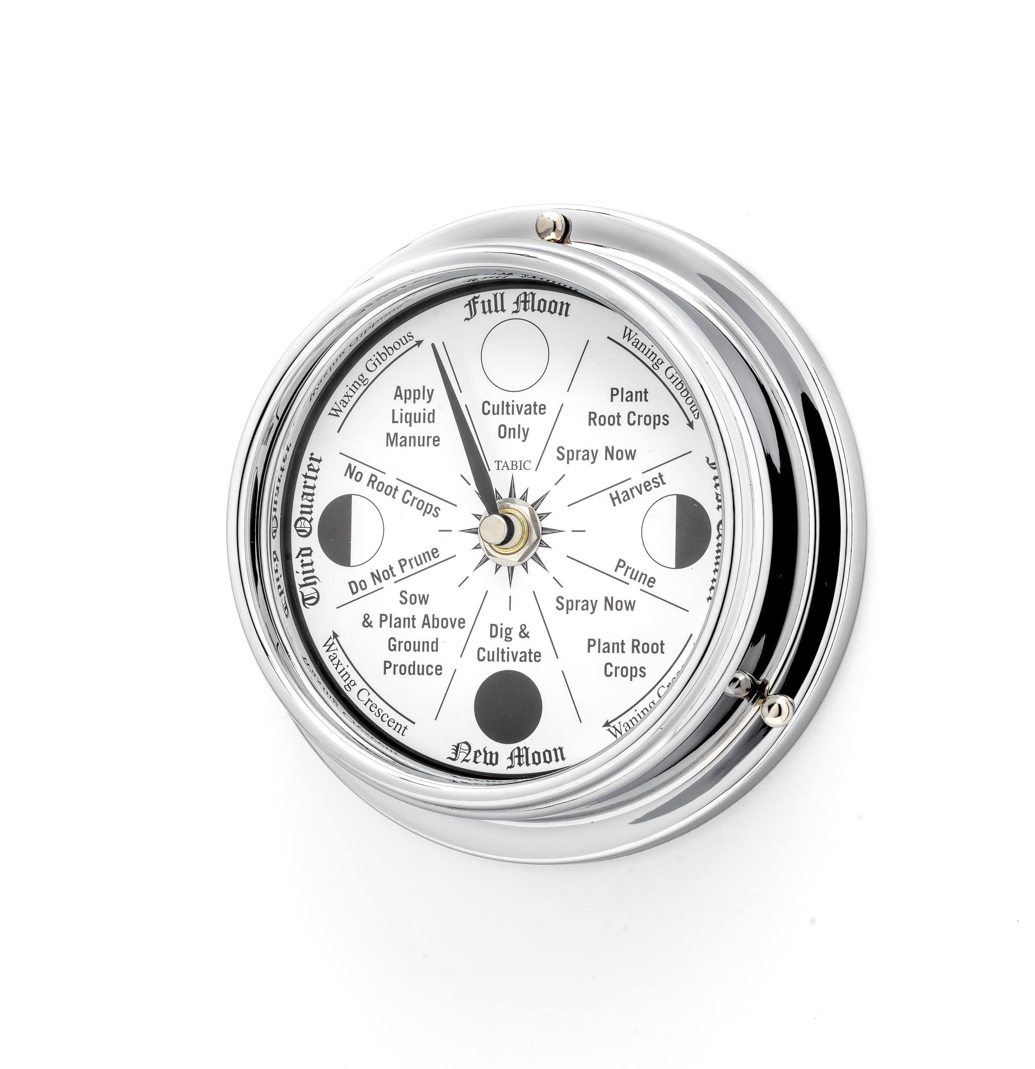 Classic Chrome Moon Gardening Clock - Lunar Harmony Guide for Biodynamic & Organic Gardening | Essential Moon Phase Tool for Planting & Harvesting | Perfect for Home Gardens, Farms & Sustainable Agriculture