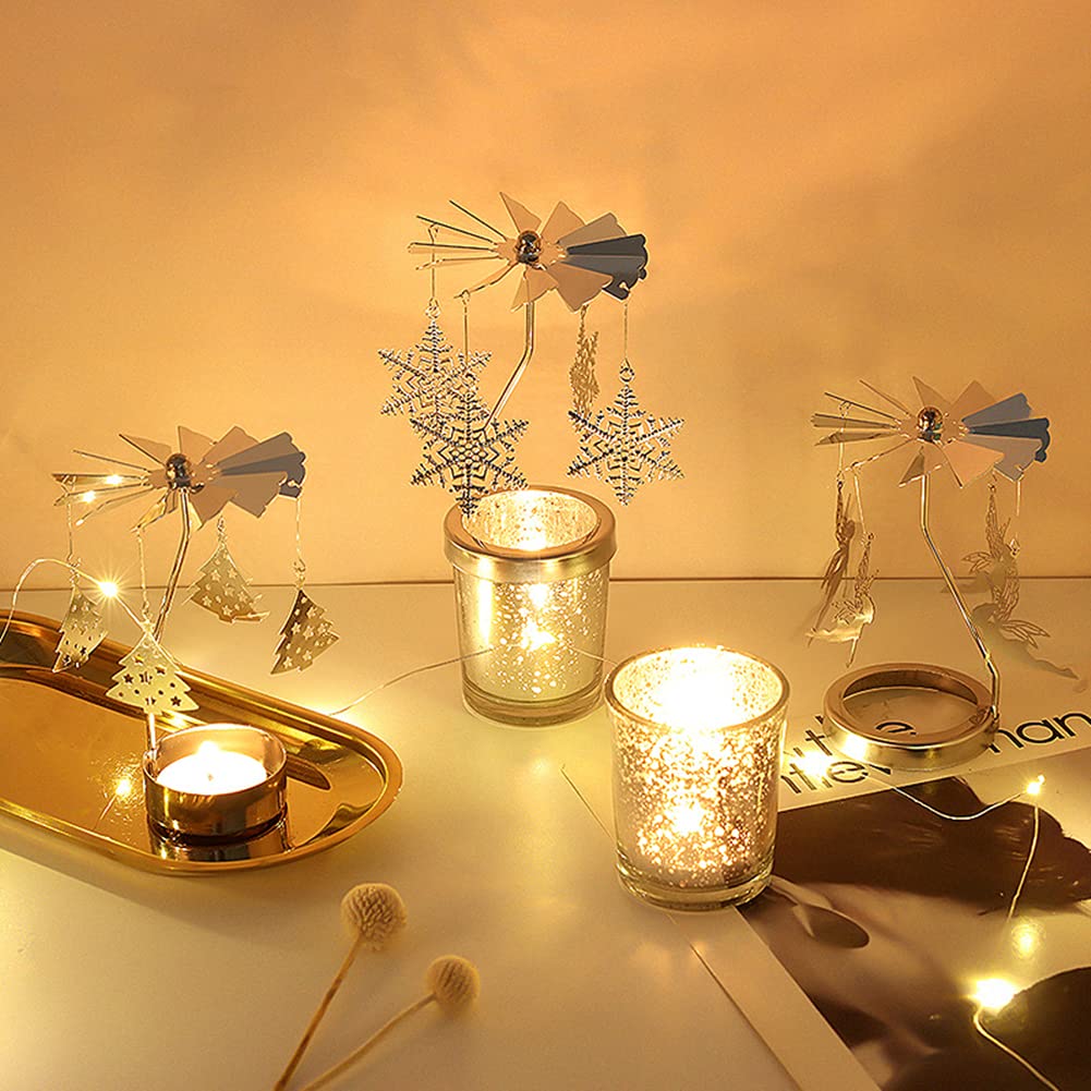 Rotating Gold Starlight Glass Candle Holder - Christmas Thanksgiving Wedding Anniversary Table Decor - Elegant Snowflake Design for Restaurants, Parties & Home Decor