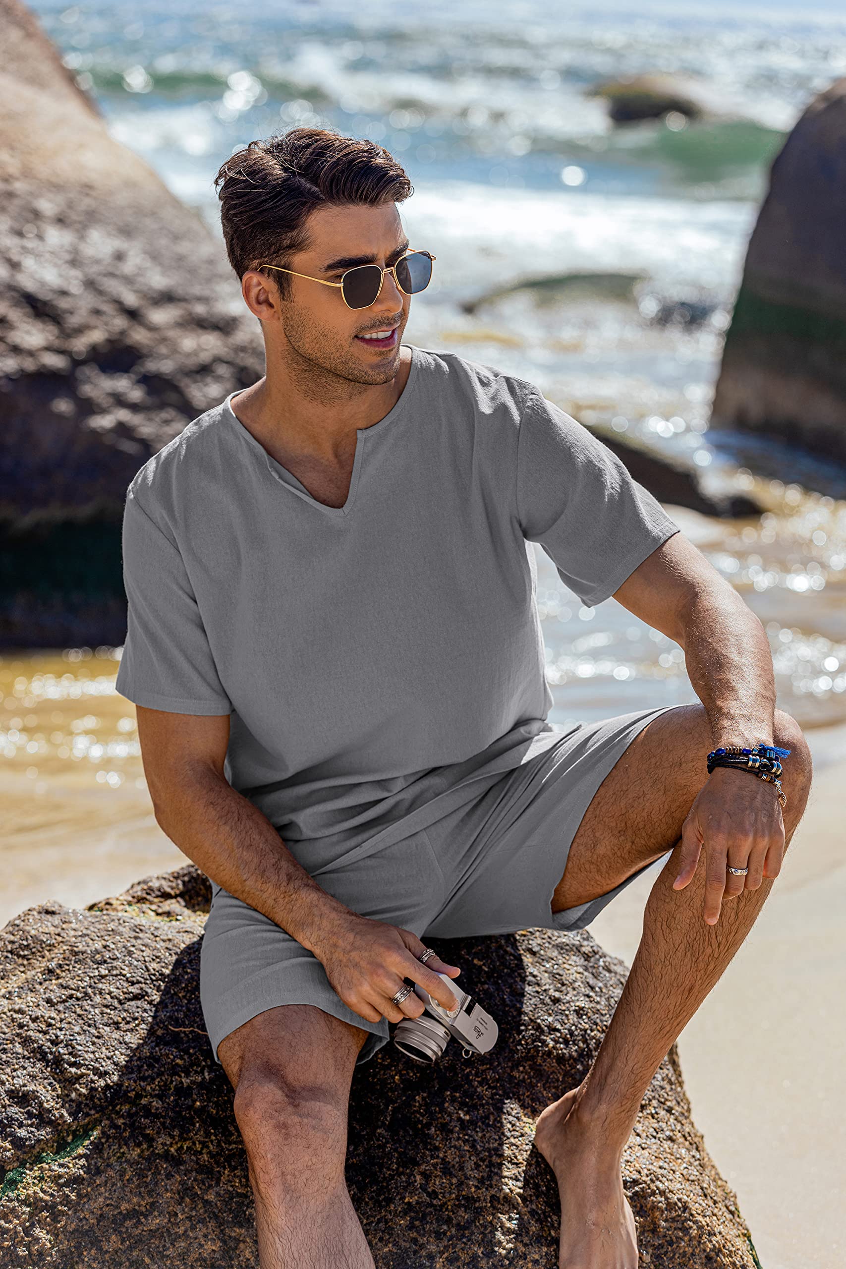 COOFANDY Men's 2-Piece Cotton Linen Summer Outfit - Short Sleeve V-Neck Shirt & Drawstring Casual Pants with Pockets | Beachwear, Vacation, Lounge & Street Style Fashion