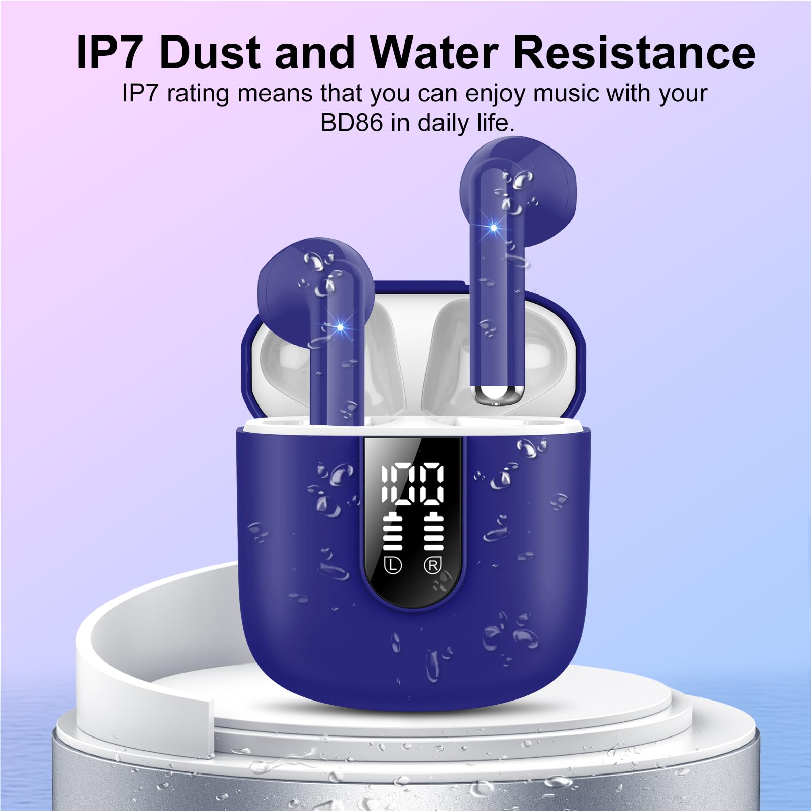 2025 Bluetooth 5.3 Wireless Earbuds with ENC Mic & LED Display - 30H Playtime IP7 Waterproof for Gym & Running - Dark Blue