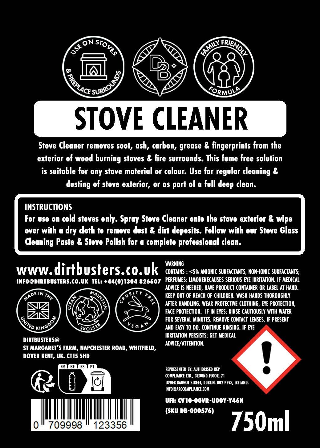 Dirtbusters Stove Polish & Cleaner for Wood & Log Burners, Fireplace Grates - Restores Black Finish (250ml & 750ml) | Ideal for Cast Iron Stoves, Fireplace Maintenance & Wood Burning Stove Cleaning