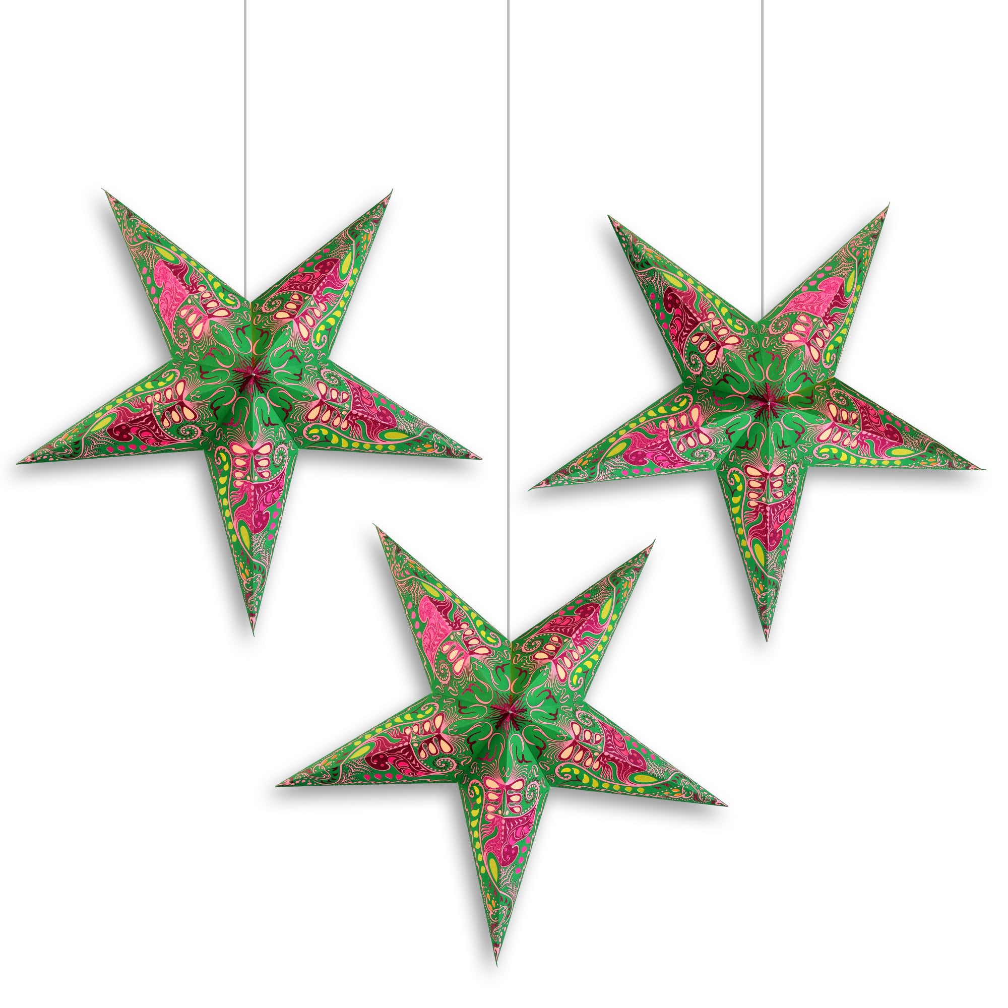 3 Pack 24 Inch Paper Star Lanterns - Green Pink Nebula Design with Triple Pendant Lights | Party Decor, Wedding Centerpiece, Boho Home Decor, Nursery Lighting