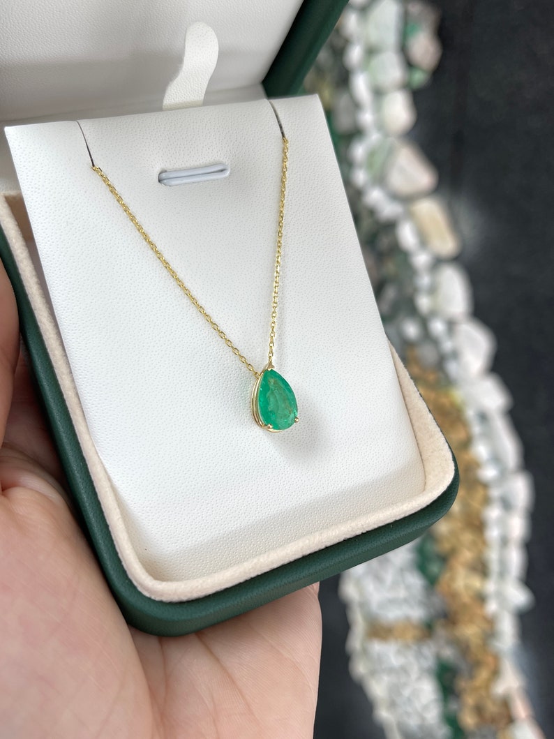 2.71 Carats 14K Gold Pear Cut Colombian Emerald Solitaire Pendant Necklace with 3-Prong Slider - Elegant Jewelry for Weddings, Anniversaries & Special Occasions