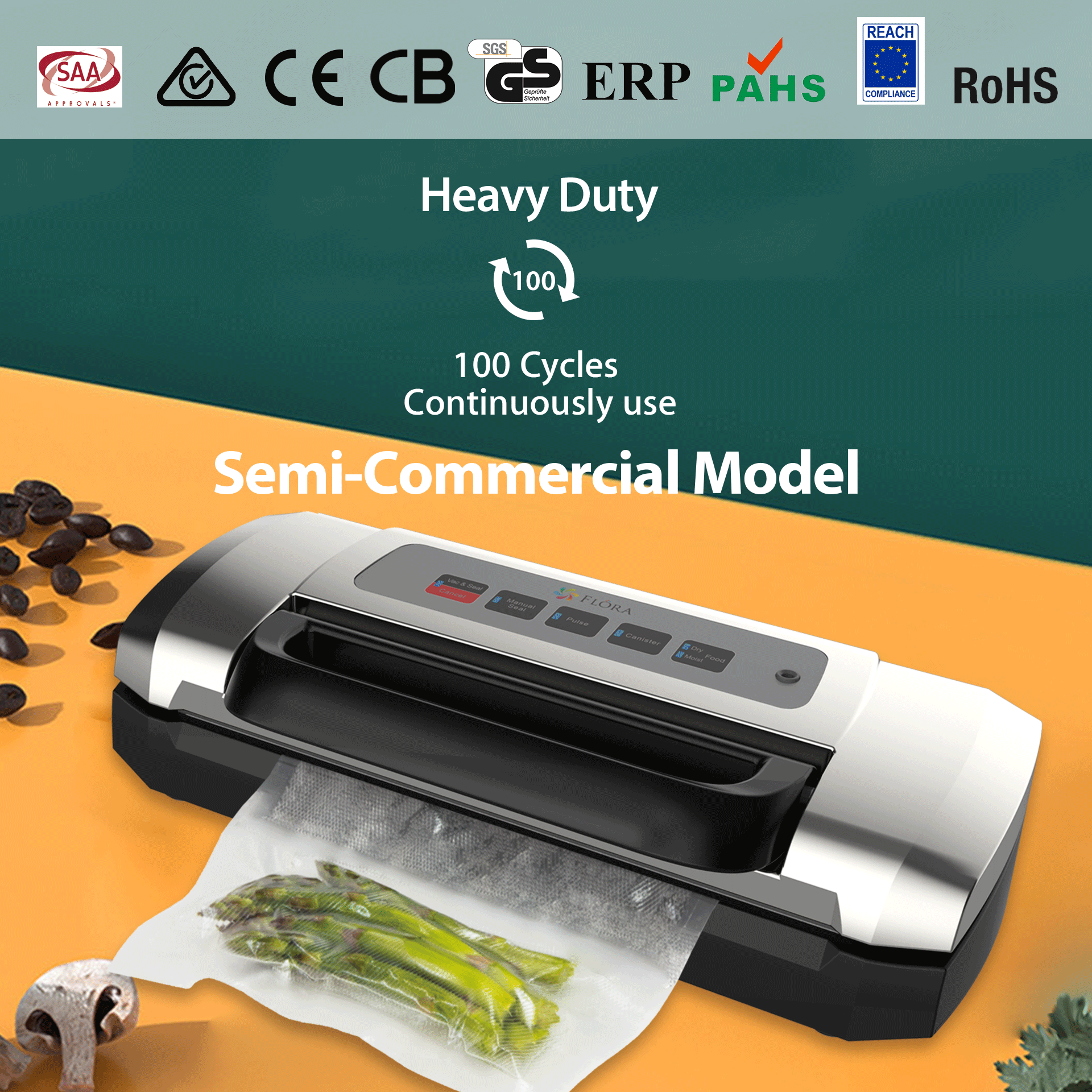 Flora Food Vacuum Sealer Machine - Commercial Grade 110W 80Kpa for Fresh Meat, Vegetables & Meal Prep | Model FL-FVS-2688 | Perfect for Home Kitchen, Restaurant & Food Storage | AU Stock