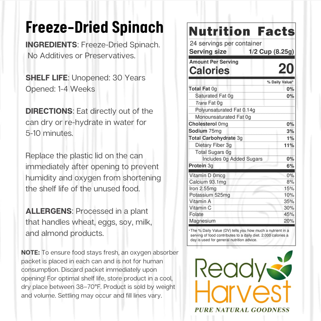 Freeze-Dried Spinach Canned Vegetables - 6 Pack (7oz Each) | 25-Year Shelf Life | Emergency Food Supply, Survival Food, Camping Essentials | Perfect for Preppers, Outdoor Adventures & Long-Term Storage