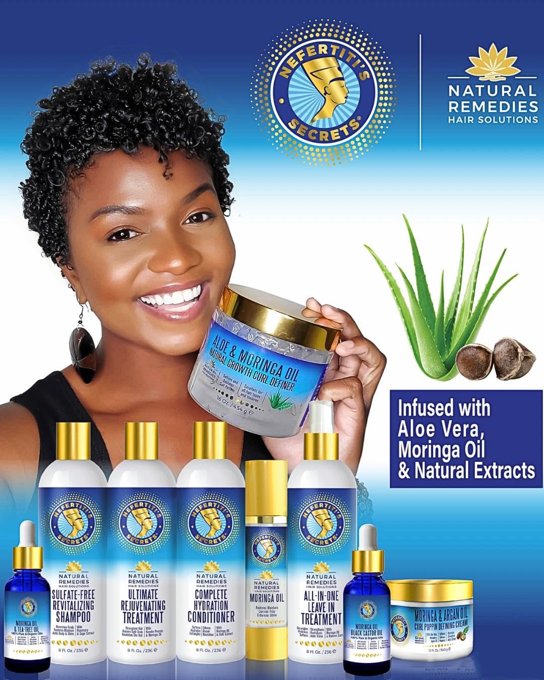 Nefertiti’s Secrets Natural Hair Care Set | 100% Pure Organic Oils Hydration Combo | Shampoo, Conditioner & Hair Treatment Kit | 7-Piece Gift Set for Dry, Damaged Hair | Perfect for Daily Hair Care & Gifting