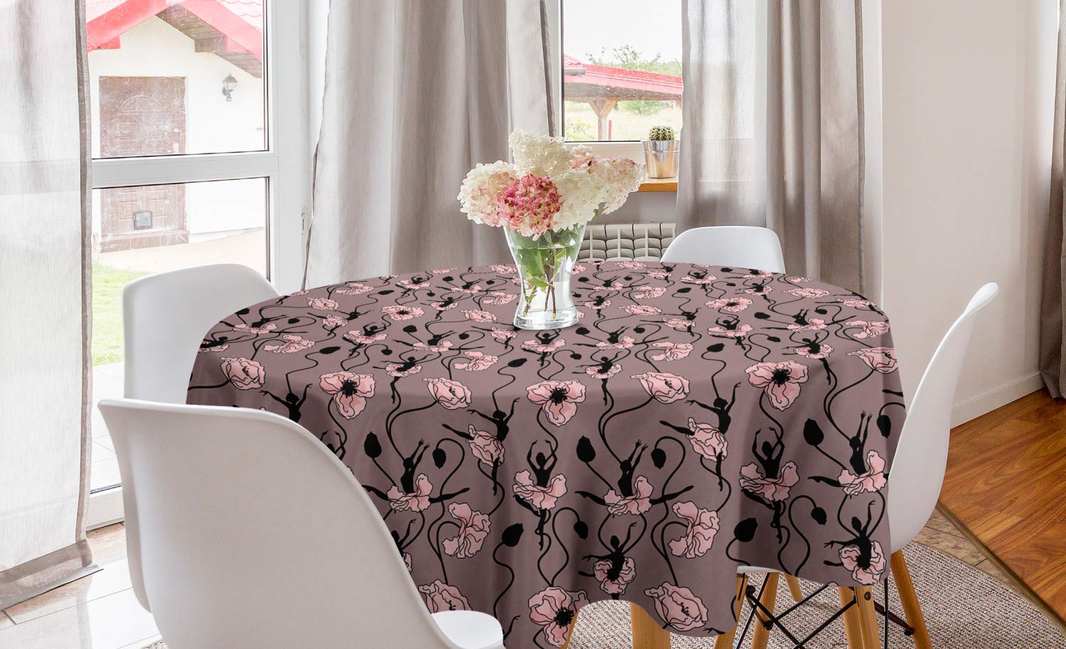 Ambesonne Abstract Round Tablecloth - Blooming Flowers & Ballerina Silhouettes Design, 60 Inch Circular Table Cover for Dining Room & Kitchen Decor in Rose Black | Perfect for Dinner Parties, Holiday Gatherings & Home Styling