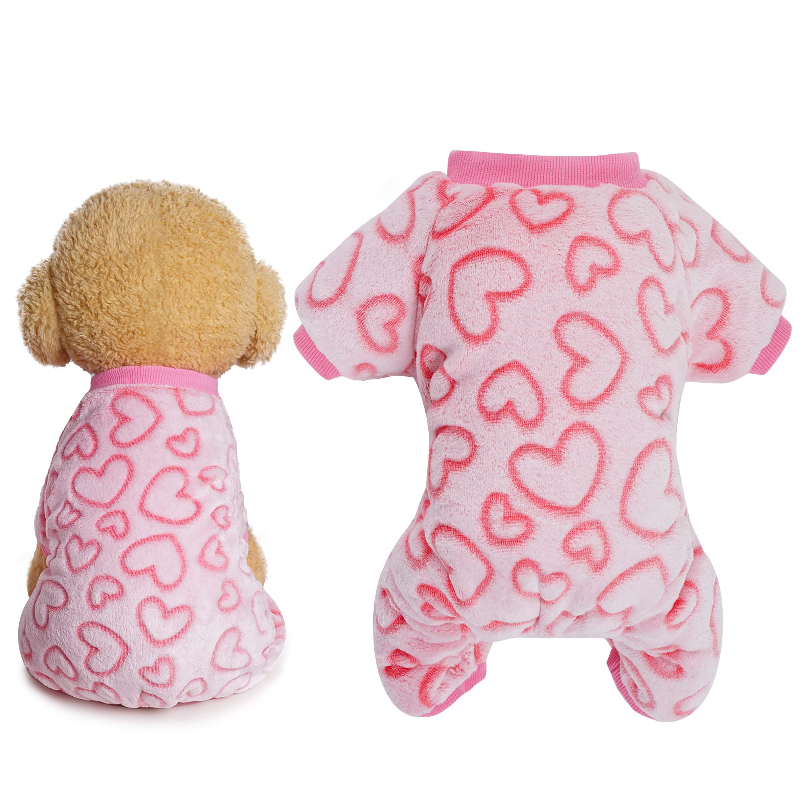 DXHYCC Fleece Dog Pajamas - Cute Heart Print Puppy Jumpsuit, Warm & Soft Pet Clothes for Small to Medium Dogs & Cats - Perfect for Winter Nights & Holiday Outfits (Pink, Size S)
