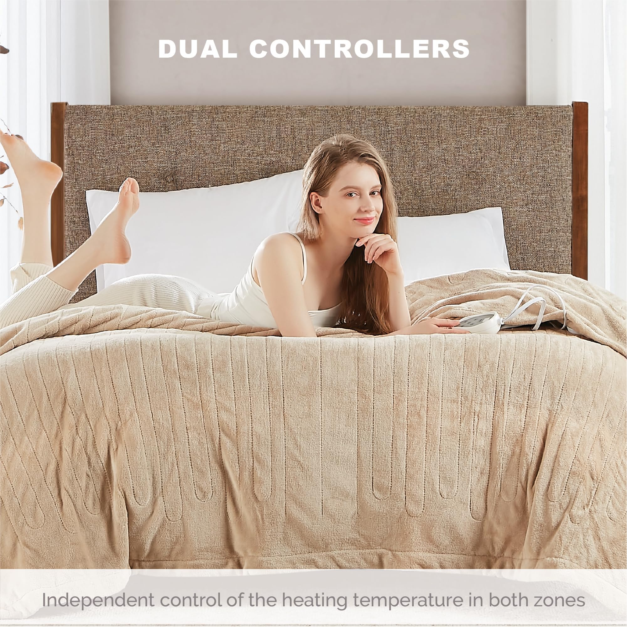 Degrees of Comfort Electric Blanket Queen Size - Dual Control with Auto Shut Off, Microplush Heated Blanket for Bed, Machine Washable, UL Certified - Mocha (84