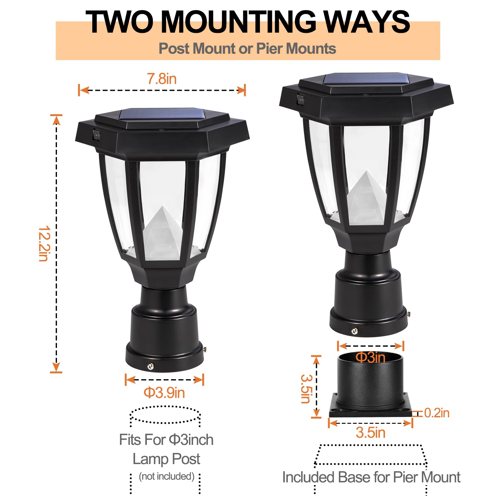 FUDESY Solar Powered Outdoor Lamp Post Light - Waterproof LED Fence Post Light with Pier Mount Base, 3000K Warm White for Garden, Yard, Pathway & Landscape Lighting (Perfect for Driveways, Walkways, and Patio Decor)