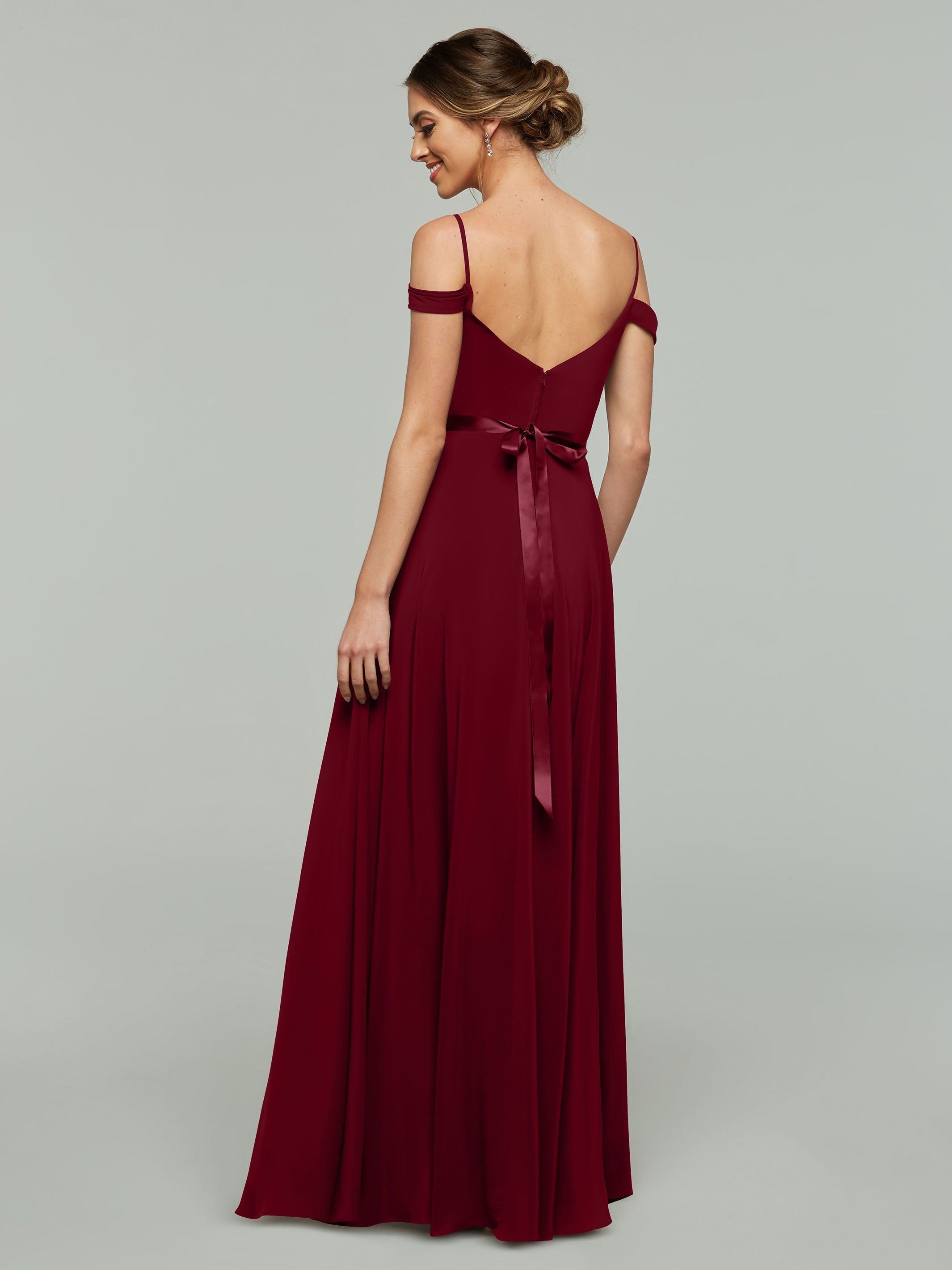 Elegant Off Shoulder Chiffon Bridesmaid Dress with Sash - Flowy A-Line Design for Weddings, Parties & Special Occasions