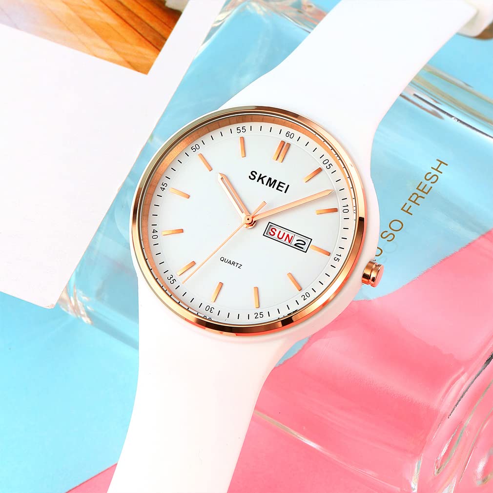 SKMEI Women's Sports Watch - Large Face, Waterproof, Silicone Band, Analog Quartz with Day & Date - Perfect for Running, Gym & Casual Wear - Ideal Gift for Girls & Young Women (White)