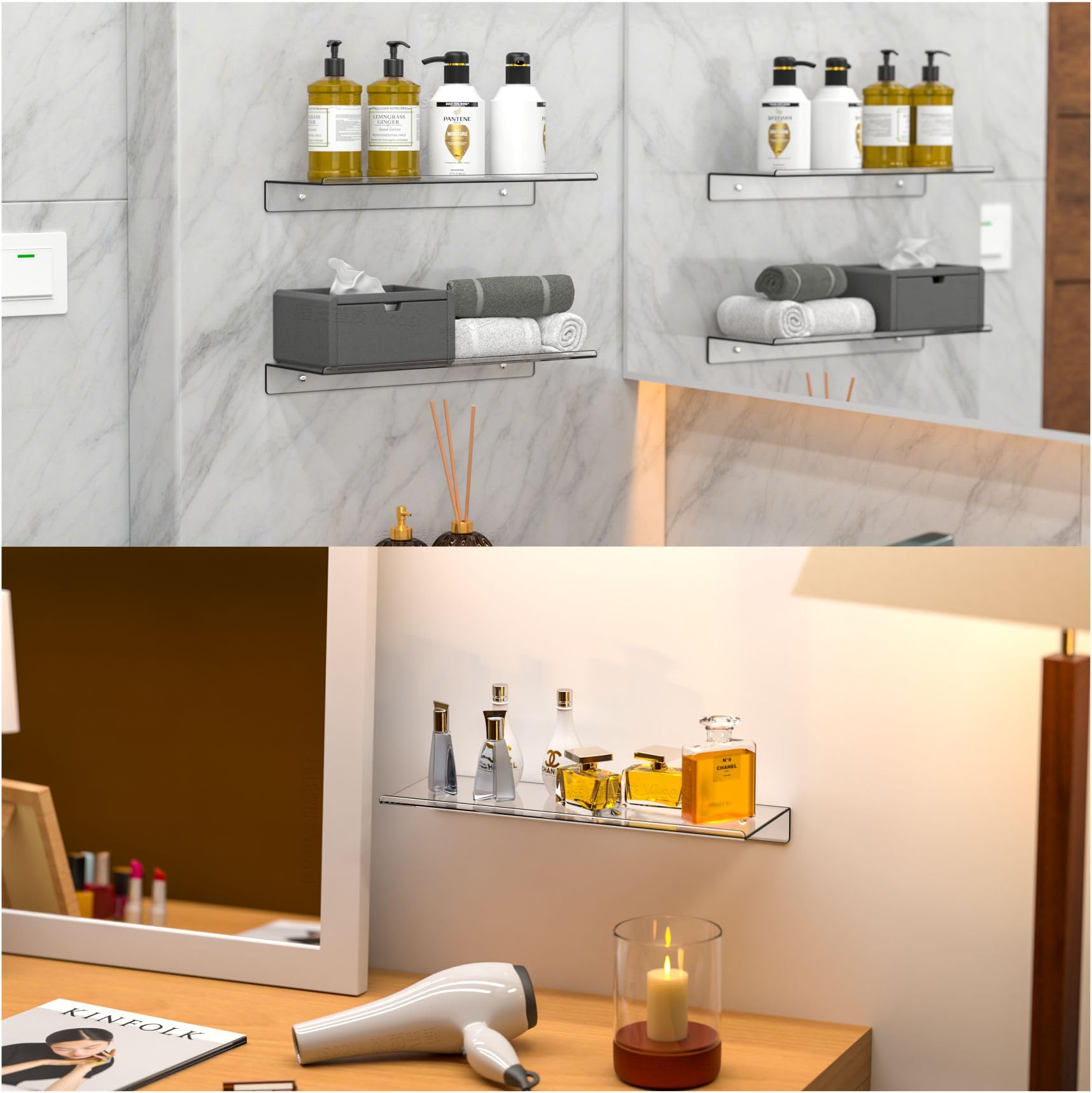 Clear Acrylic Floating Shelves Set of 2 - Modern Wall Display for Lego, Funko Pop Collectibles, Kids Books & Plants | Perfect for Bedroom Decor & Living Room Wall Organization | Durable & Stylish Home Storage Solution