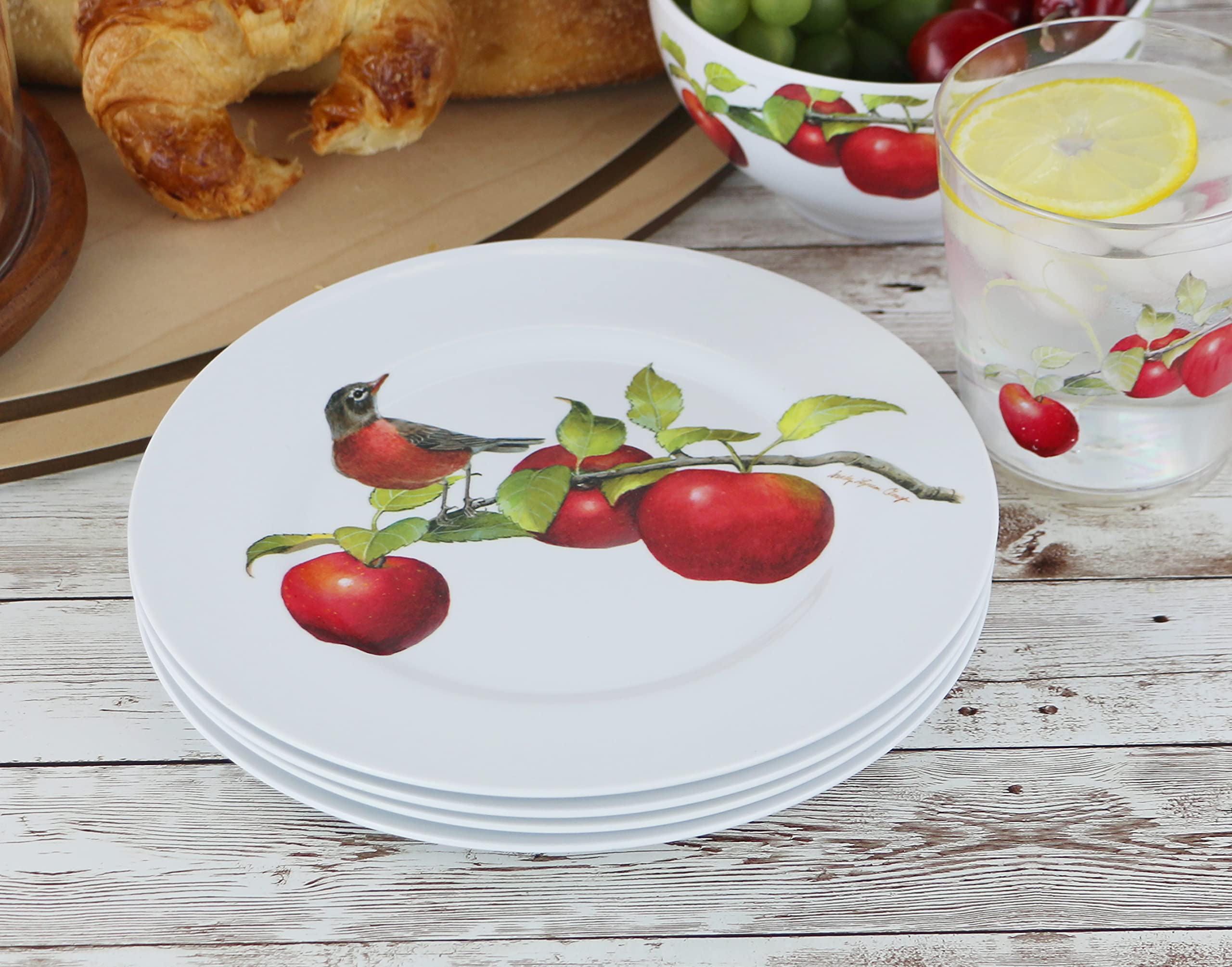 Reston Lloyd Harvest Apple by Sandy Clough - 6-Piece Melamine Salad Plate Set in White, Red & Green (Dishwasher Safe) - Perfect for Outdoor Dining, Picnics & Party Serving (Item# 72999set)