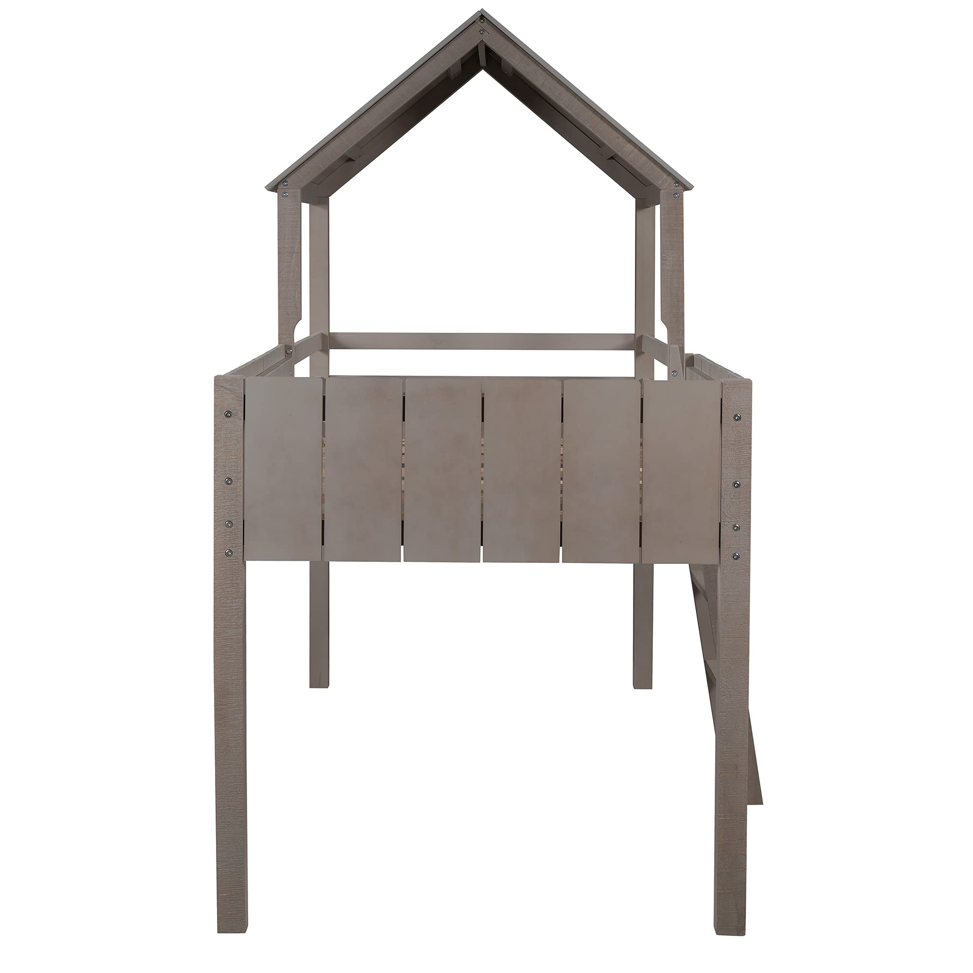 Twin Size Solid Wood Loft Bed for Kids - Playhouse Bed Frame with Roof, Guardrail & Ladder - Farmhouse Style House Bed, No Box Spring Needed (Gray Wash) - Perfect for Small Bedrooms, Playrooms & Kids' Sleepovers