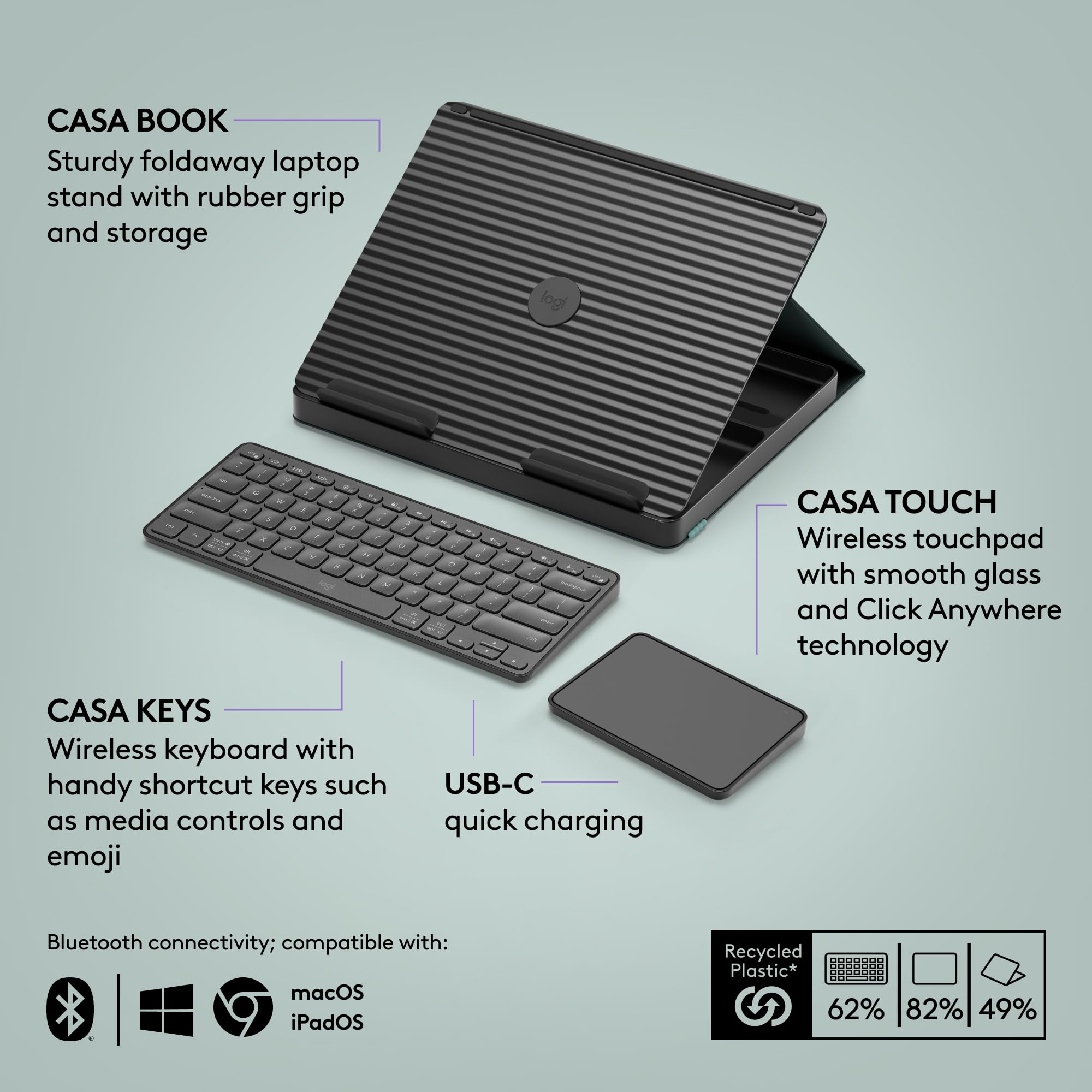 Logitech Casa Pop Up Desk Kit with Laptop Stand, Wireless Keyboard & Touchpad - Bluetooth, USB C Charging for 10” to 17” Laptops/MacBooks (Windows, macOS, ChromeOS) - Classic Chic Green/Black | Perfect for Home Office, Remote Work & Small Workspaces