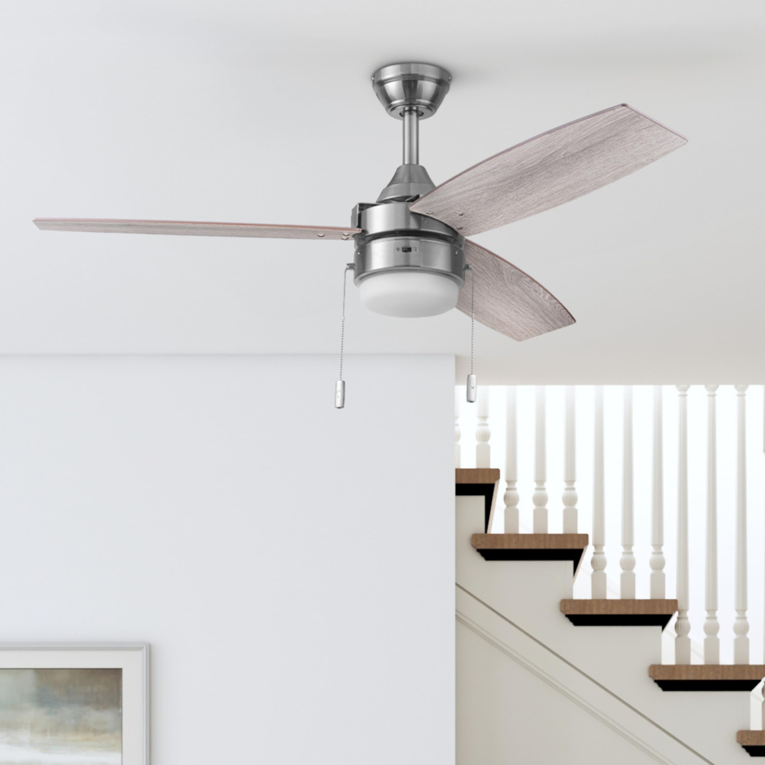 Honeywell 48 Inch Ceiling Fan with Color Changing LED Light, Pull Chain, Dual Mounting Options, 3 Reversible Blades - Brushed Nickel | Indoor Cooling for Living Room, Bedroom & Patio