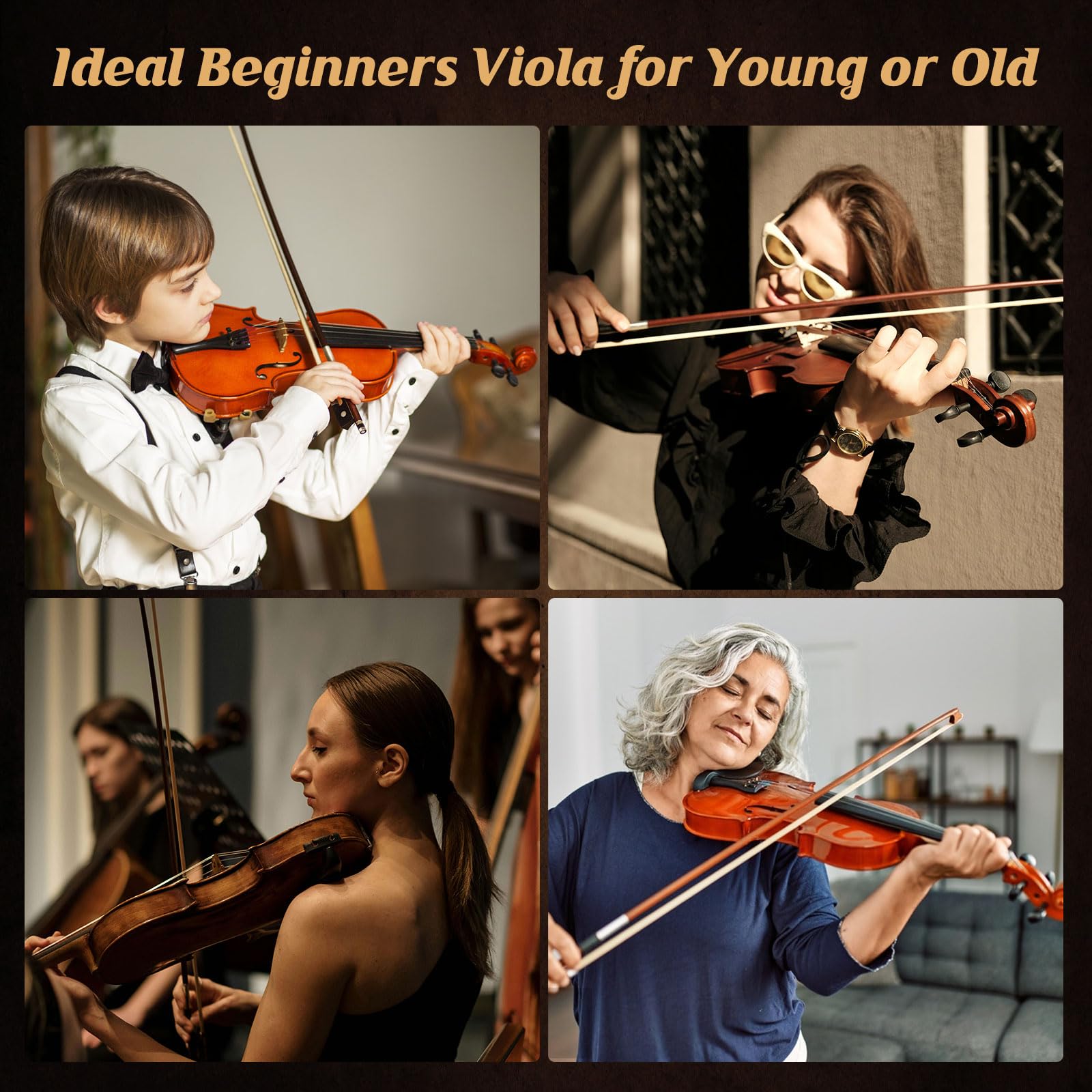 16 Inch MA350 Acoustic Viola - Solid Wood Satin Antique Finish Viola Set with Case, Bow & Rosin - Professional & Beginner Viola for Adults & Students - Perfect for Practice, Performances & Music Classes