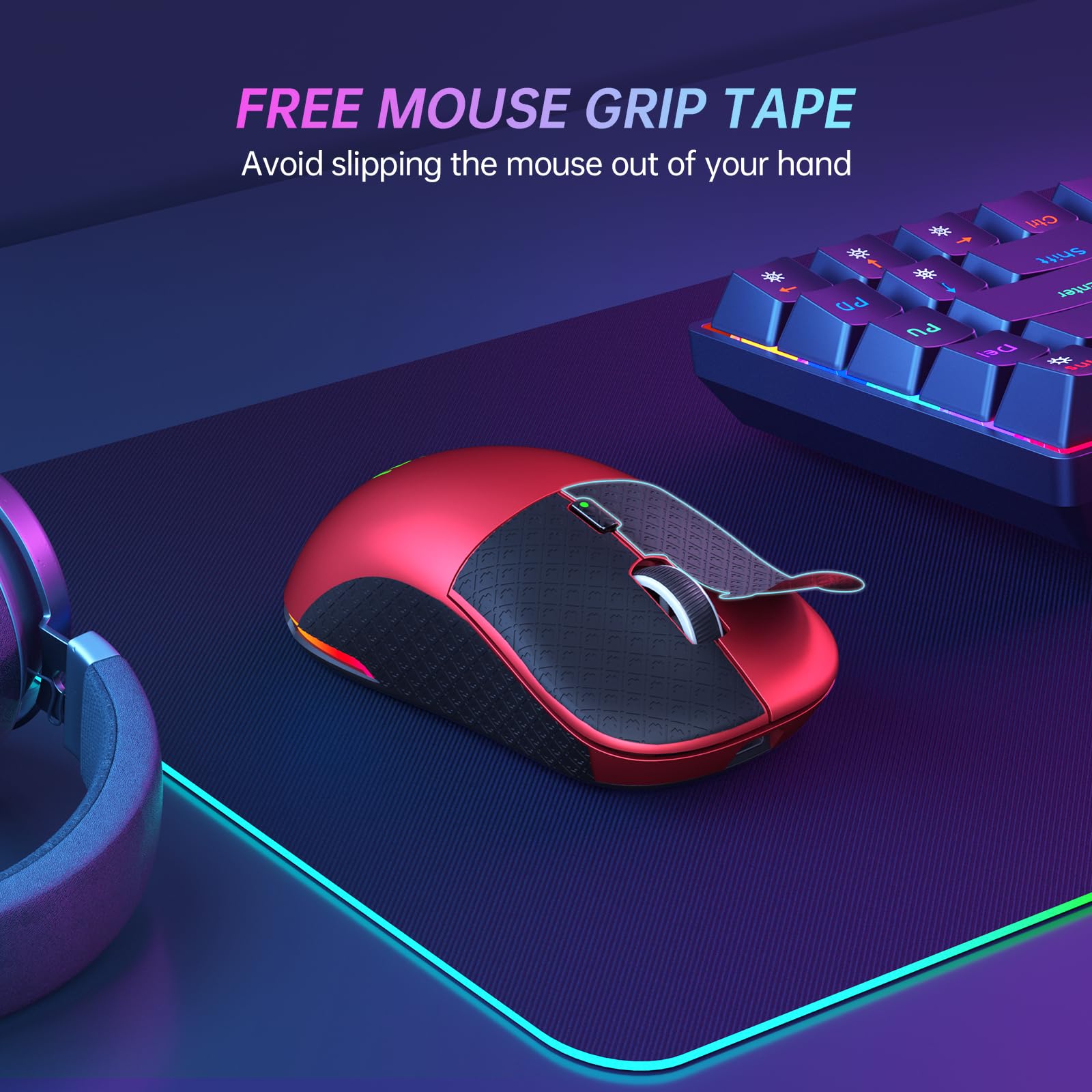 UHURU Wireless Gaming Mouse - 68g Ultra Lightweight RGB Mouse with 26,000 DPI & 6 Programmable Buttons - 70H Rechargeable Battery for PC/Mac (Red, WM-09) - Perfect for FPS, MOBA & Esports Gaming