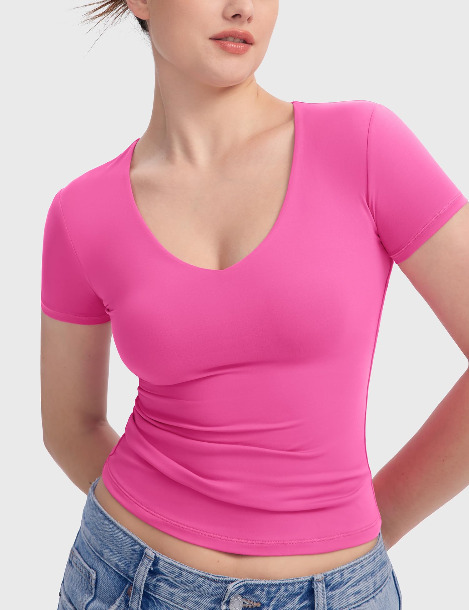 PUMIEY Women's Slim Fit V Neck Short Sleeve T-Shirt - Sexy Basic Tee for Casual Wear, Date Night & Summer Outfits | Sharp Collection