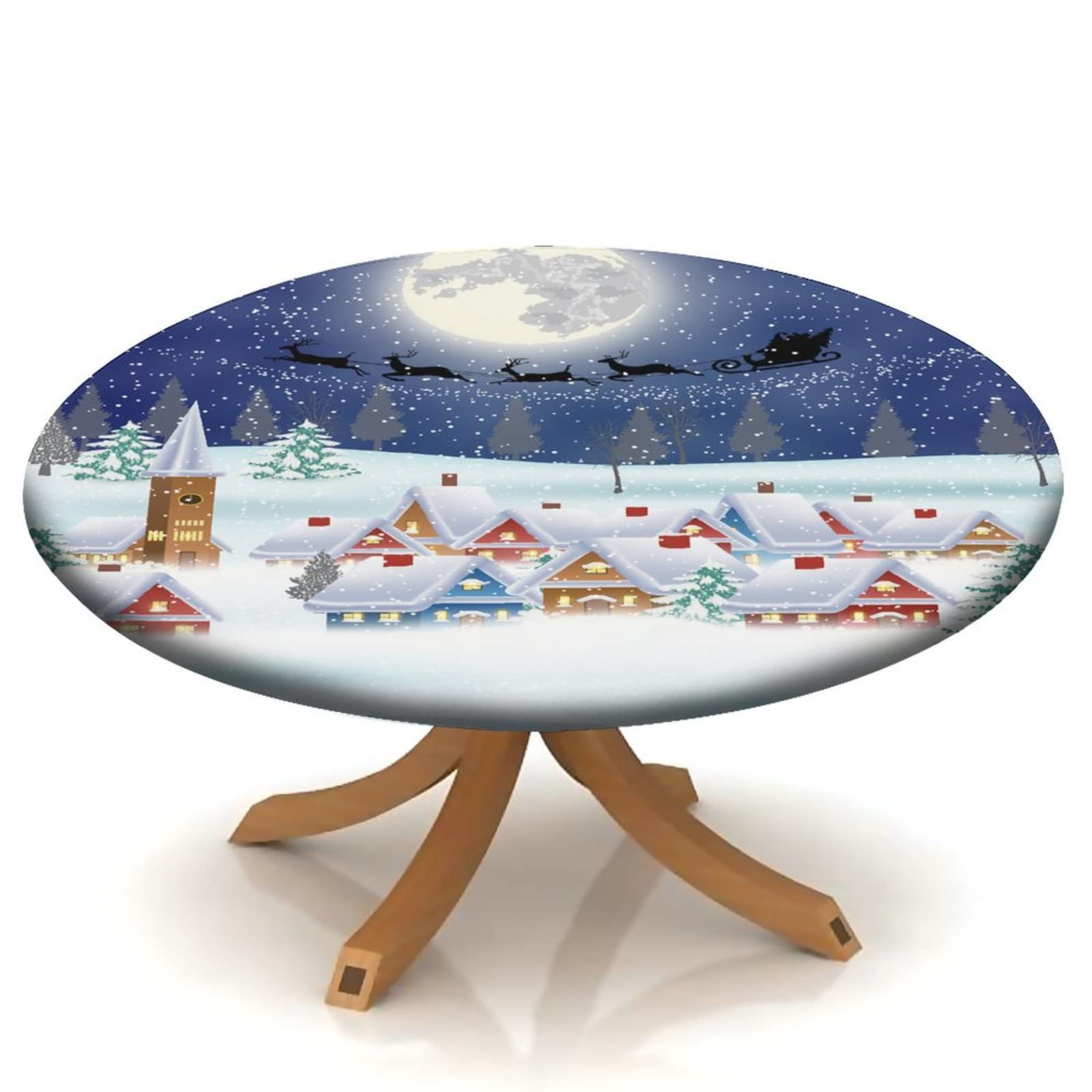 SongYi Christmas Round Elastic Fitted Tablecloth - Snow Night Pattern Holiday Party Dinner Decoration - Waterproof Wipeable Table Cover for 28''-32'' Tables - Perfect for Indoor & Outdoor Christmas Celebrations, Family Gatherings and Festive Dining Decor