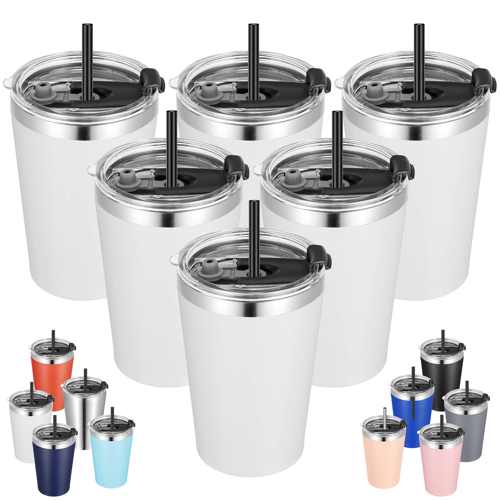 VEGOND 12oz Stainless Steel Vacuum Insulated Tumbler - 6 Pack White Double Wall Travel Mugs with Lid & Straw | Reusable, BPA-Free | Perfect for Coffee, Tea, Cold Drinks at Office, Gym, Camping & Outdoor Activities