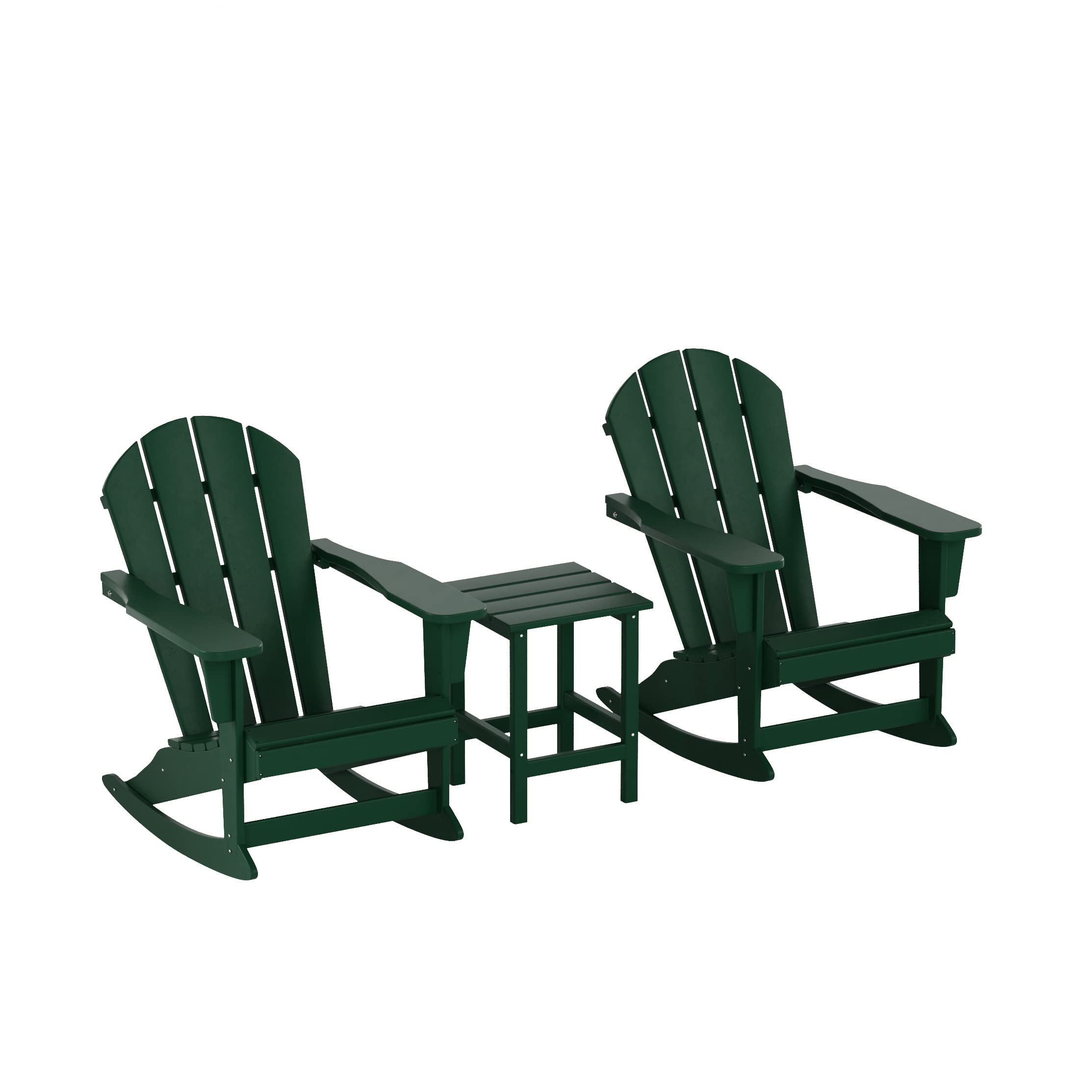 WO Home Furniture 3-Piece Patio Rocking Chair Set - Classic Outdoor Adirondack Rocker Chairs & Table in Dark Green - Perfect for Backyard, Garden, and Porch Relaxation