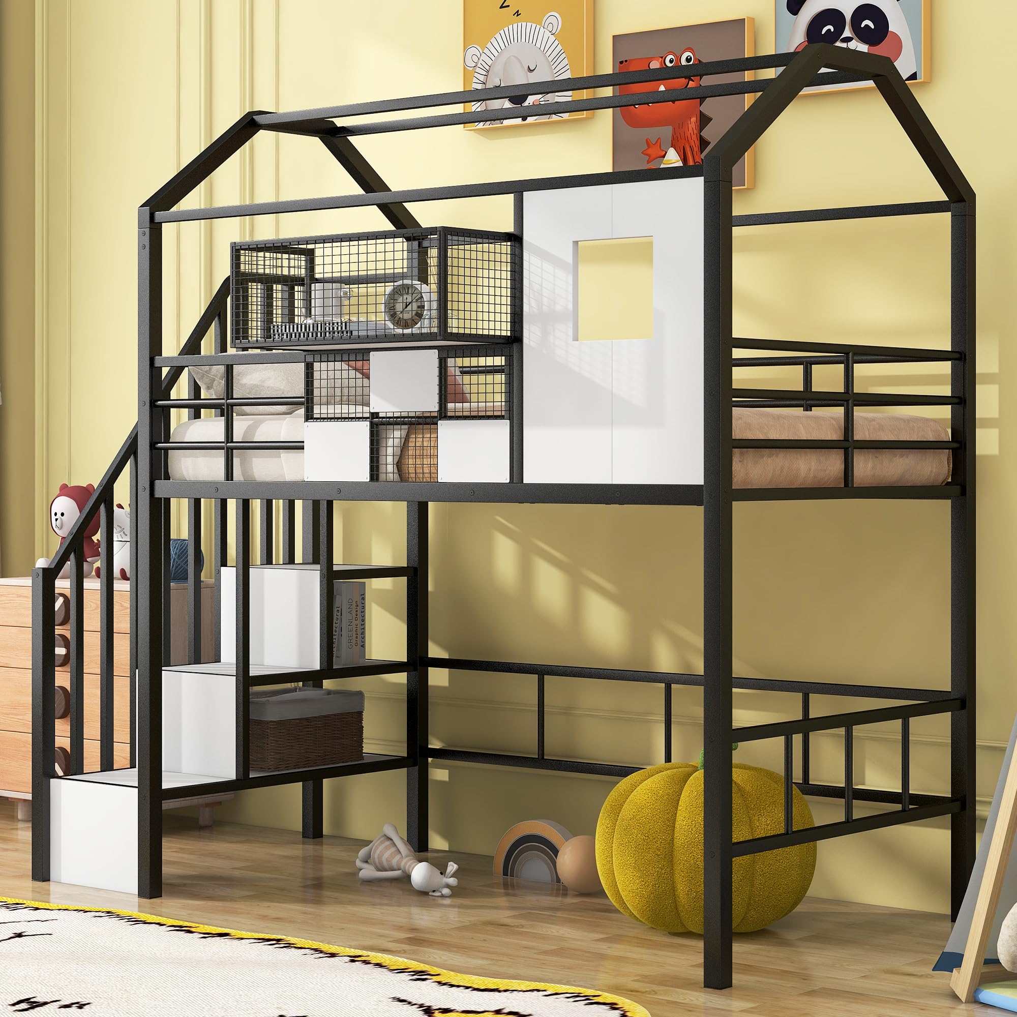 **Twin Size Loft Bed with Storage Stairs, Roof, Window & Guardrail – Metal House Loft Bed for Kids & Teens – Space-Saving Black Twin Loft Bed with Storage Box – Perfect for Small Rooms, Dormitories & Kids' Bedrooms**