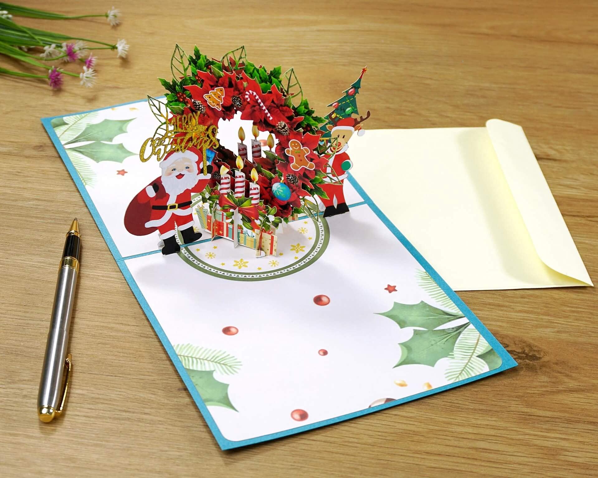 3D Pop Up Christmas Card with Holiday Wreath & Santa Claus - Festive Xmas Greeting Card for Holiday Gifts - Perfect for Office Exchanges, Family Celebrations and Seasonal Decorations