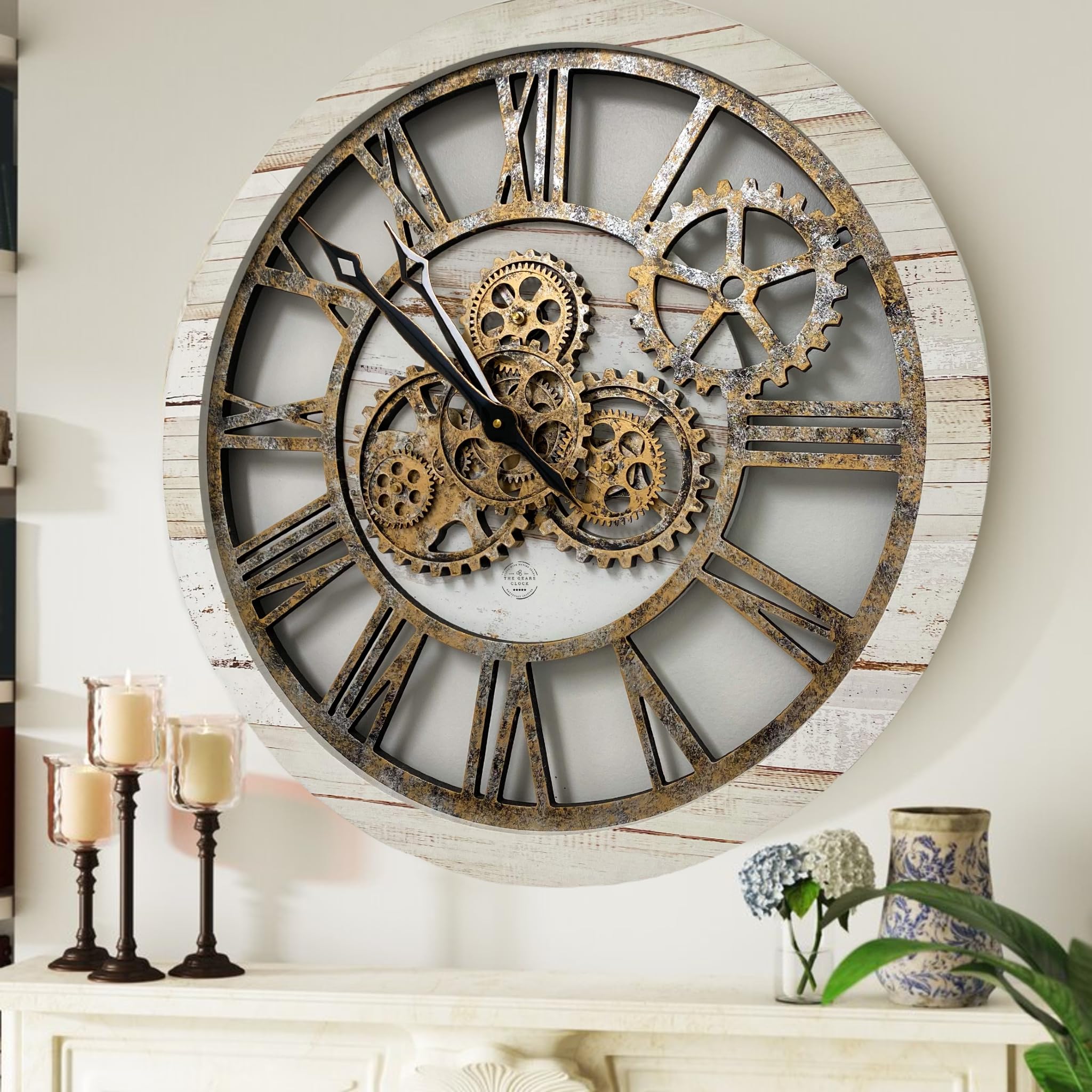 Vintage Industrial Oversized Rustic Farmhouse Wall Clock - 24 Inch (60cm) Real Moving Gears, Vintage Desert Beige & Bronze - Perfect for Living Room, Office, or Man Cave Decor