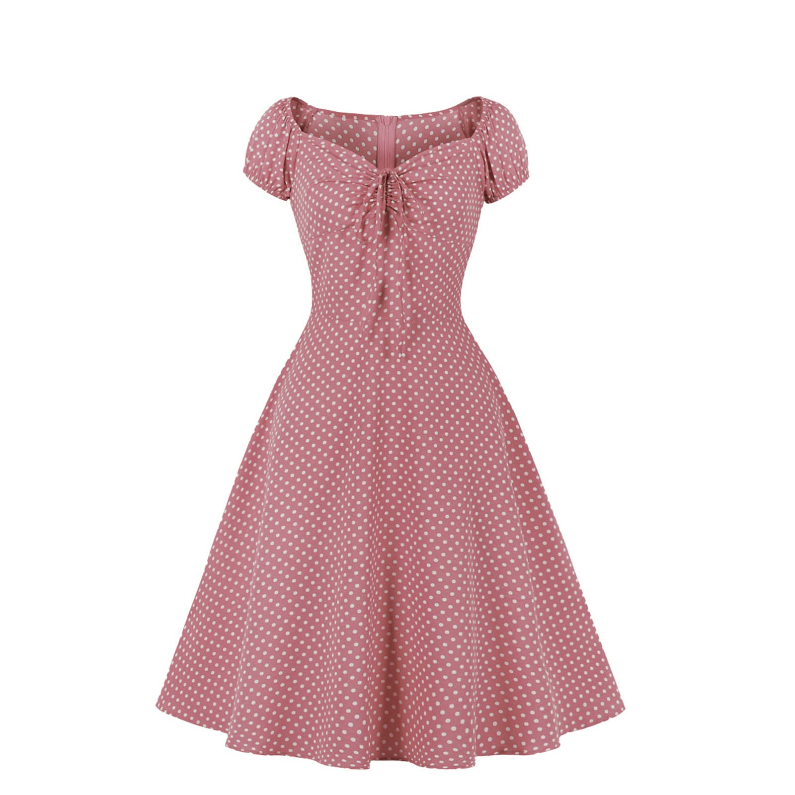 Elegant Women's Polka Dot Cocktail Dress with Pleated Skirt & Lace-up Tie Neck - Vintage Swing Prom Dress for Parties, Weddings & Special Occasions